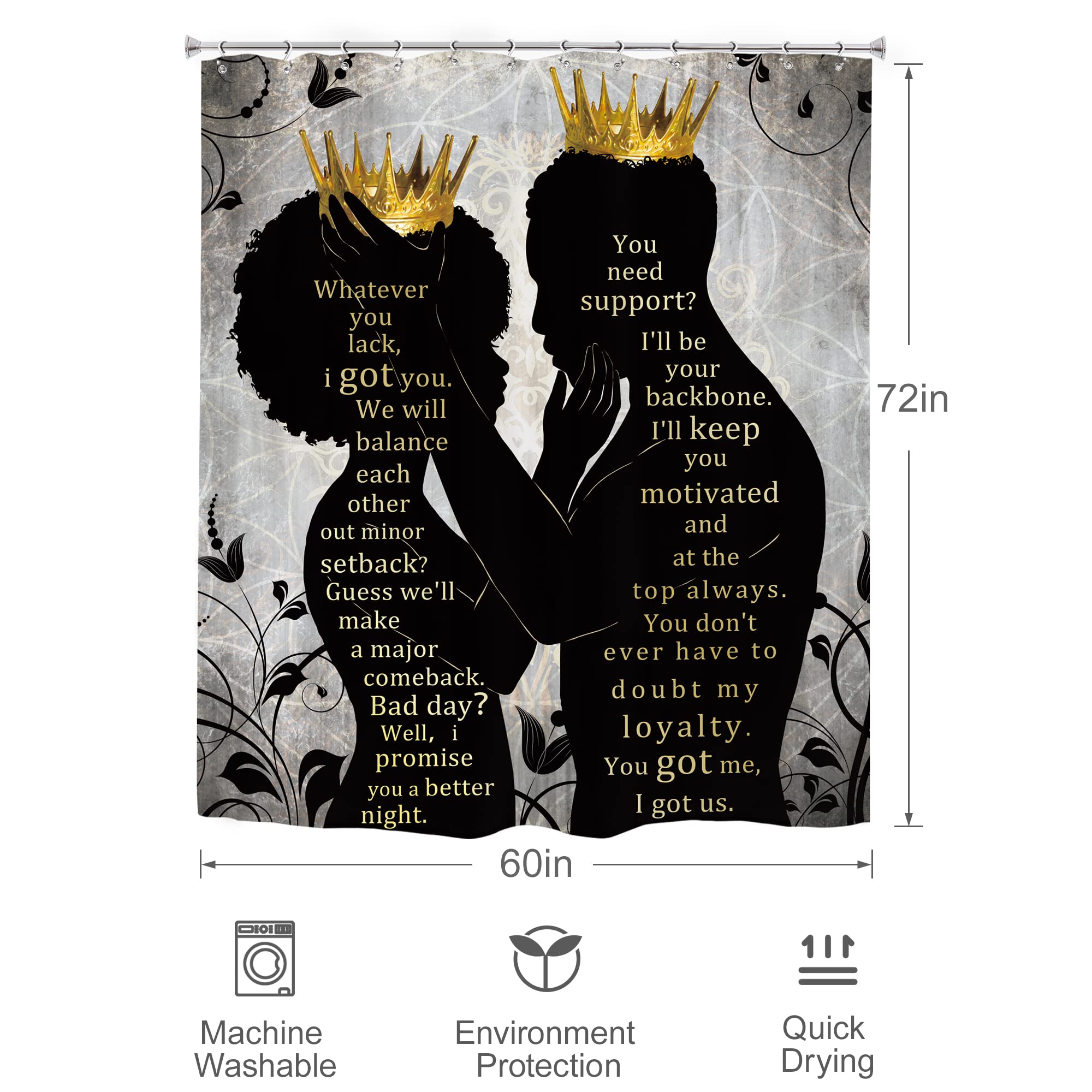Omifly African American Shower Curtain Women Men 60Wx72H Inch Afro Black Queen King Luxury Gold Crown Inspirational Quotes Bathr