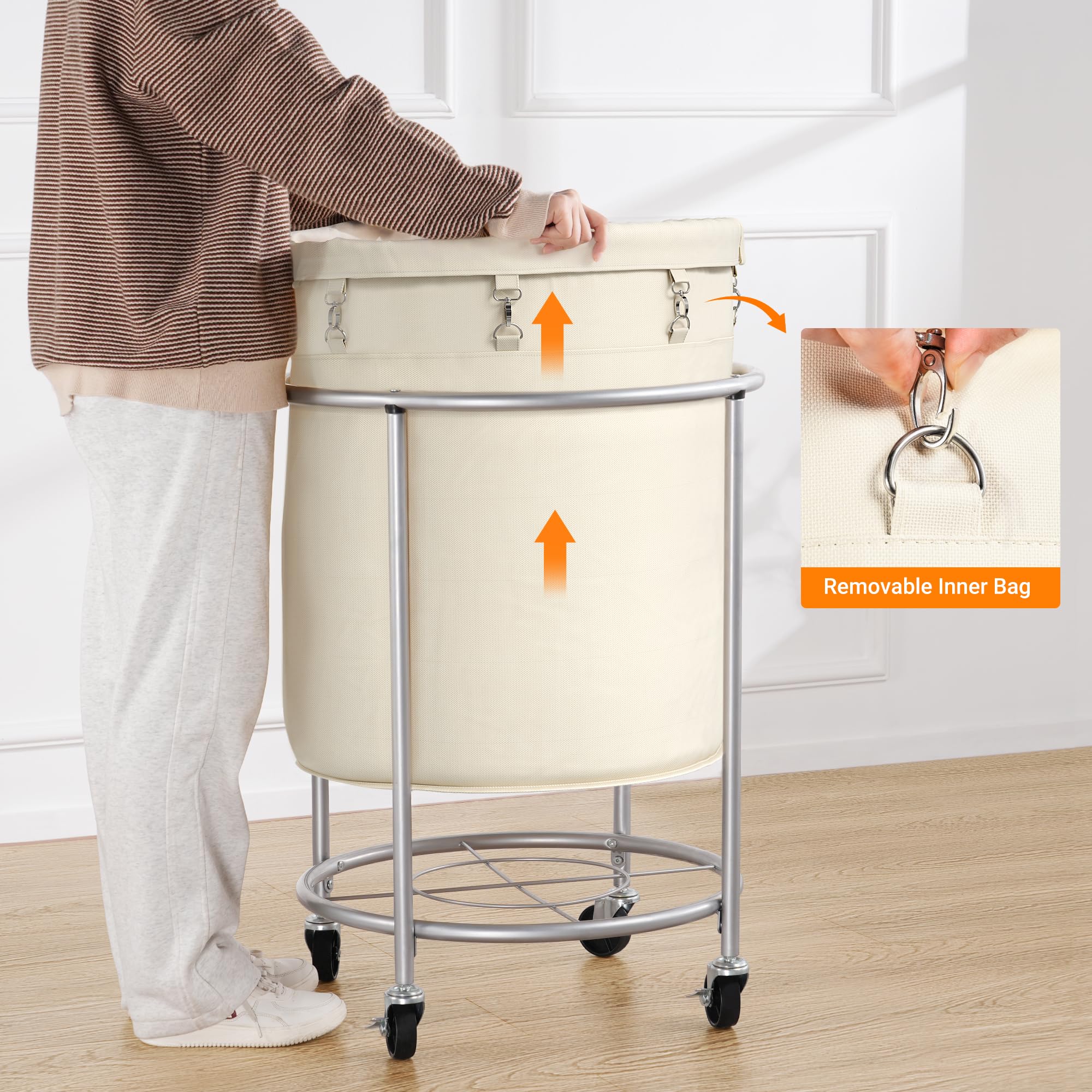 Elyken Laundry Basket With Wheels, 170L Rolling Laundry Hamper With Removable Bag And Steel Frame, Round Laundry Cart With 4 Cas
