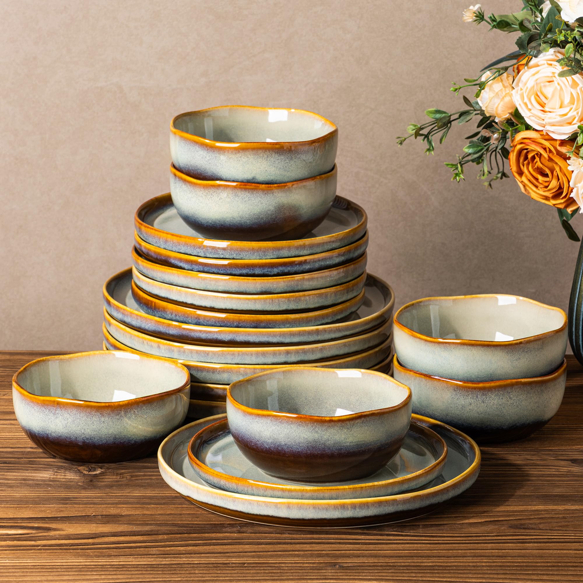 TheTerra Ceramic Dinnerware Sets for 6, 18 Pieces Handmade Reactive Glaze Plates and Bowls Sets, Scratch Resistant Dish Set, Ove