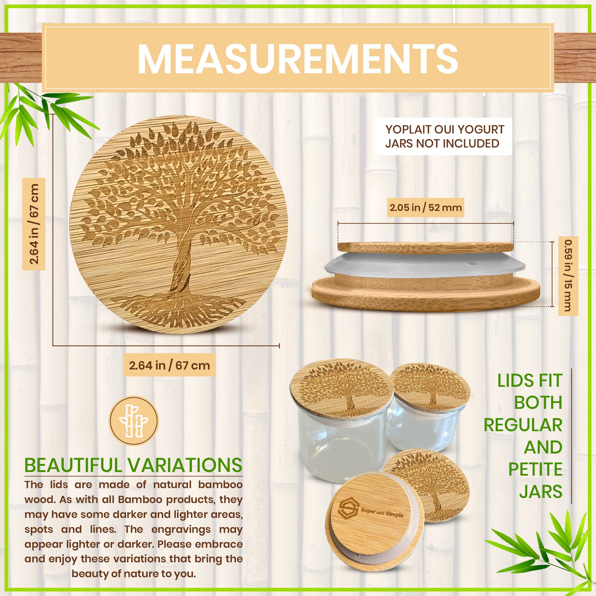 4-24 Lids Set |Tree Of Life Design Or Choose Another | Reusable Bamboo Wood Lids For Yoplait Oui Yogurt Jars With Airtight Seal