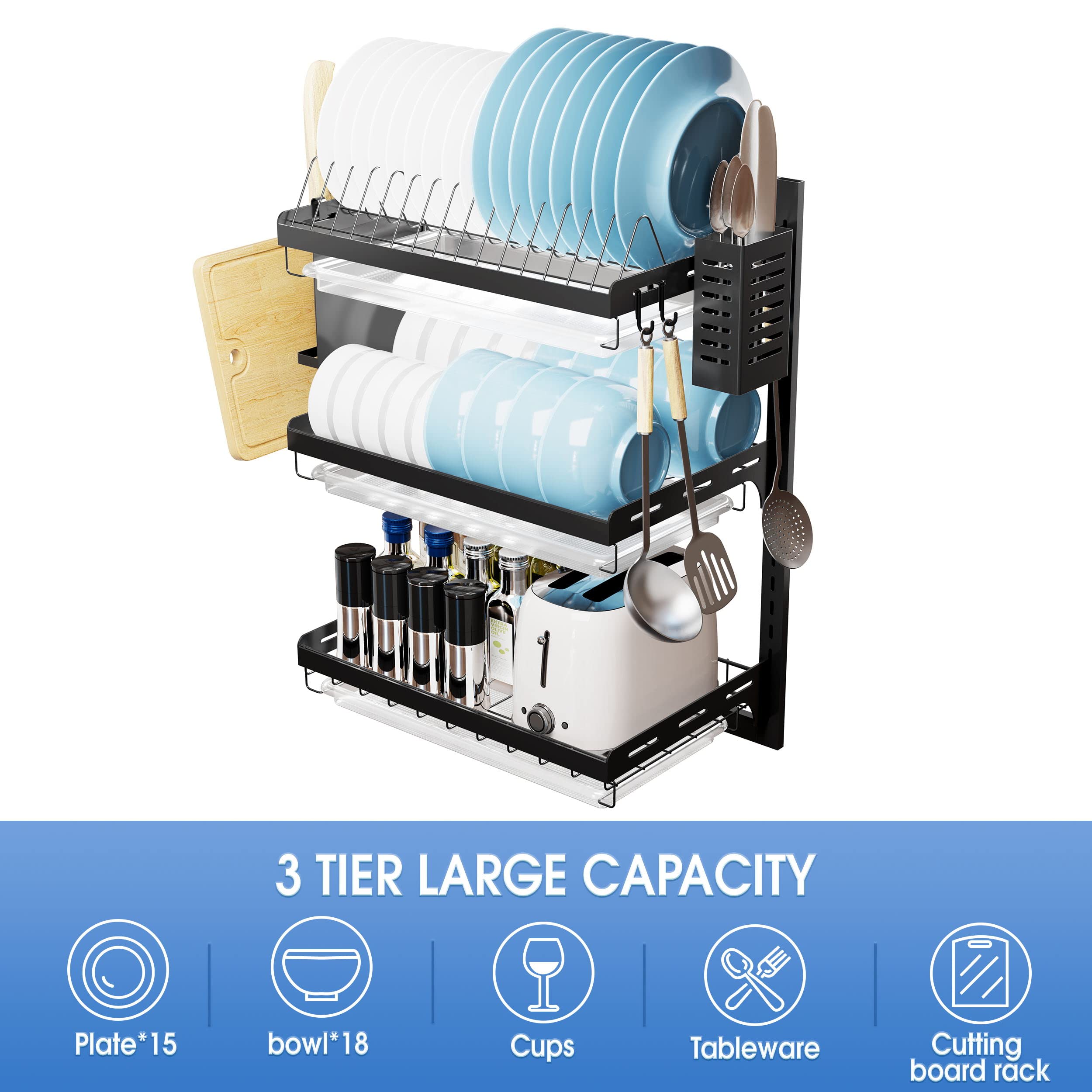 Virgorack 3 Tier Large Wall Mounted Dish Drainer, Stainless Steel Dish Rack, Dish Drying Rack For Kitchen With Utensil Organizer
