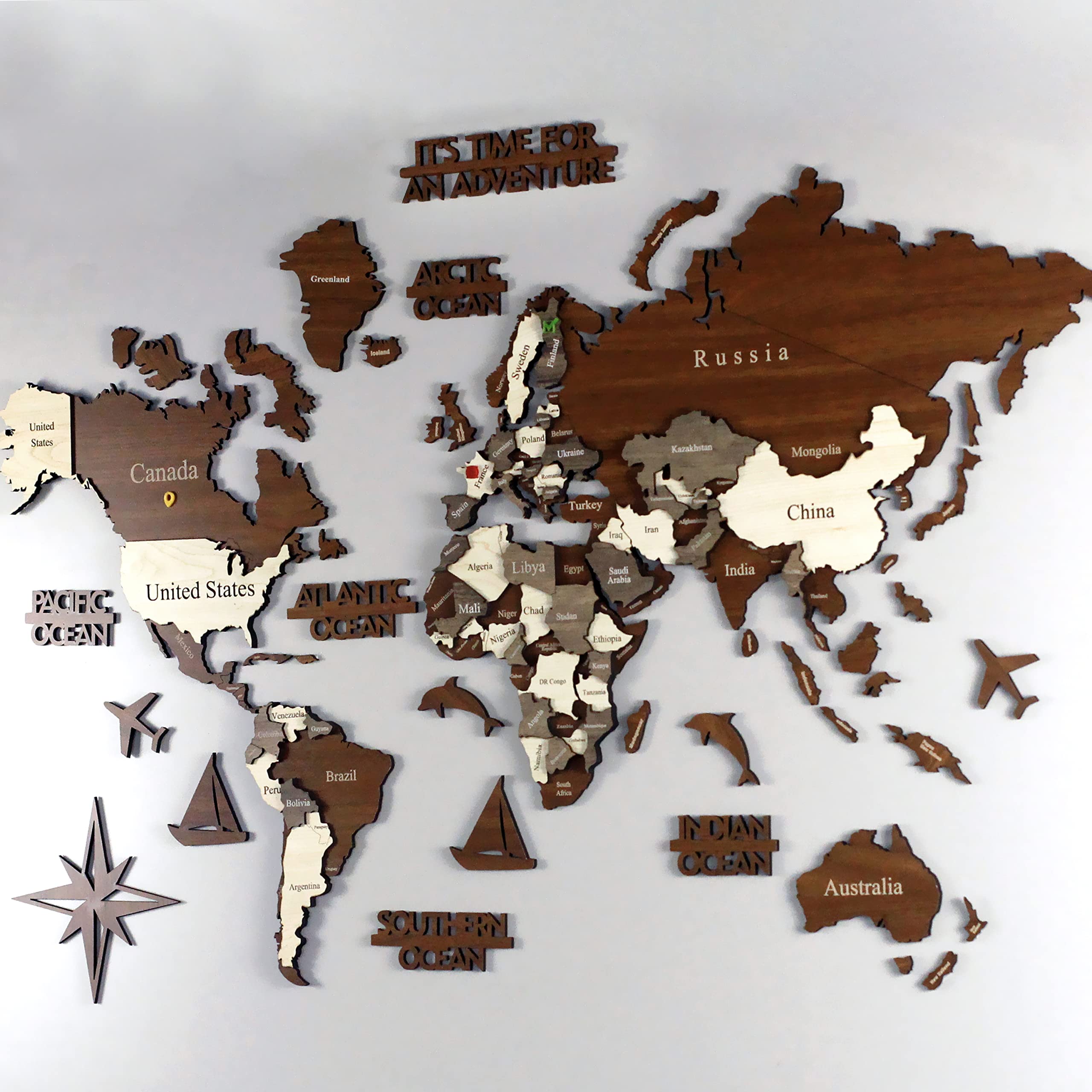 Colorfull Worlds 3D Wooden World Map - Wall Art Decor, 39x24 inches, Mixed Color, Housewarming/Birthday Gift, Model 2022-01013