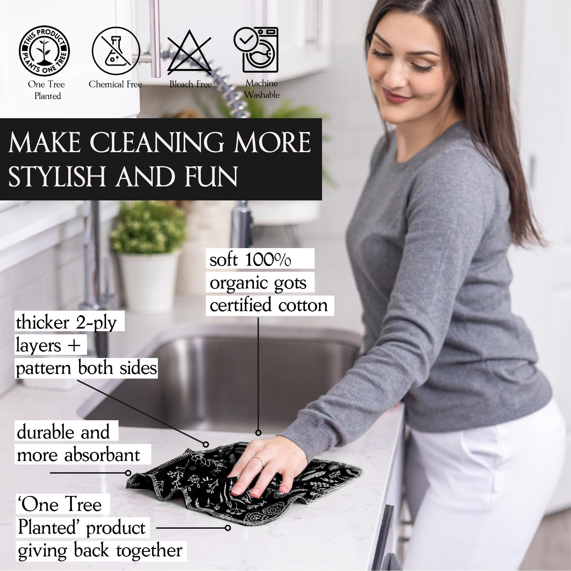 Homeostasis Living Reusable Paper Towels With Wash Bag | Charcoal Black 12 X Washable Eco Friendly Paperless Paper Towels Napkin