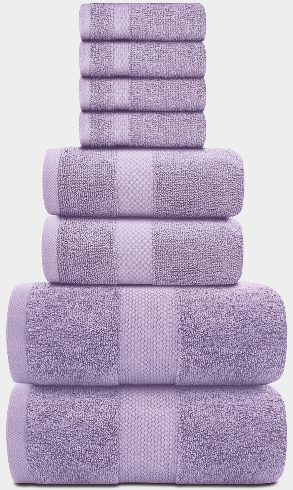 White Classic Luxury Lavender Bath Towel Set - Combed Cotton Hotel Quality Absorbent 8 Piece Towels | 2 Bath Towels | 2 Hand Tow