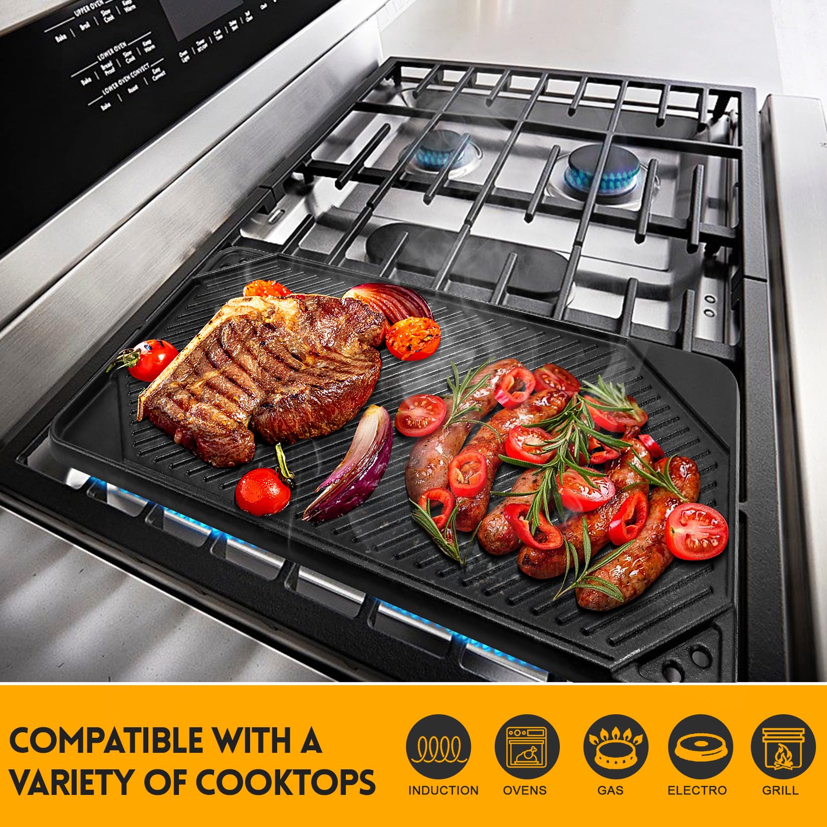 Ggc Cast Iron Reversible Griddle, Double-Sided Griddle Pan For Indoor And Outdoor Cooking, 20 X 10.5 Baking Flat And Ribbed Grid