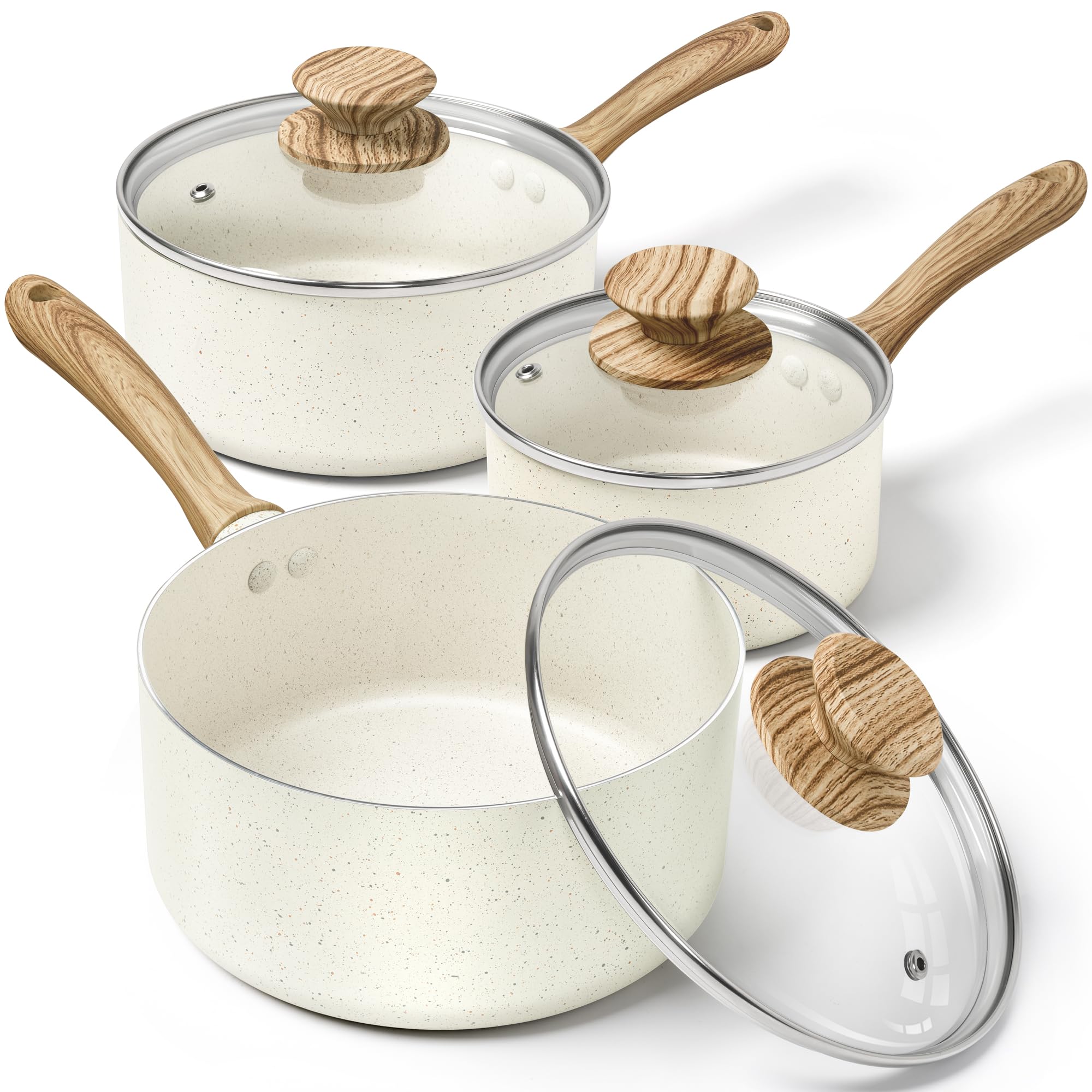 MICHELANGELO Saucepan Set with Lid, Nonstick Sauce Pan Sets with Granite Coatings, NonToxic Sauce Pot Sets of 3, Induction Comp