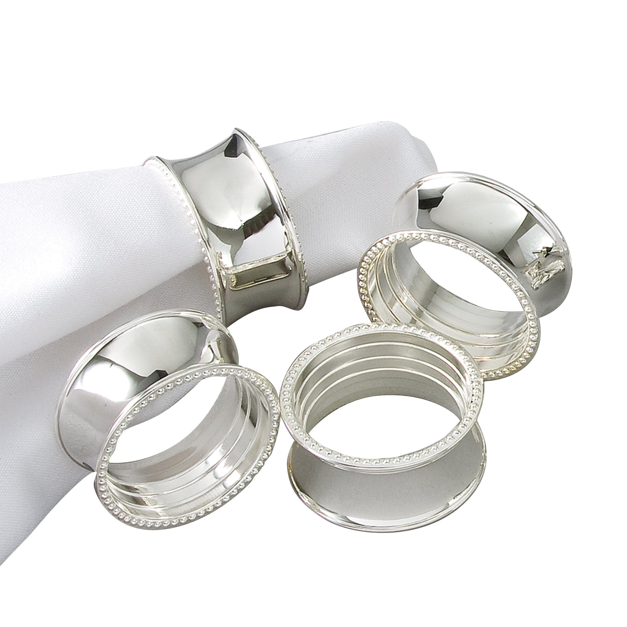 Elegance Tableware Beaded Round Napkin Rings, Silver-Plated, Set Of 4, Dia 3.5Cm
