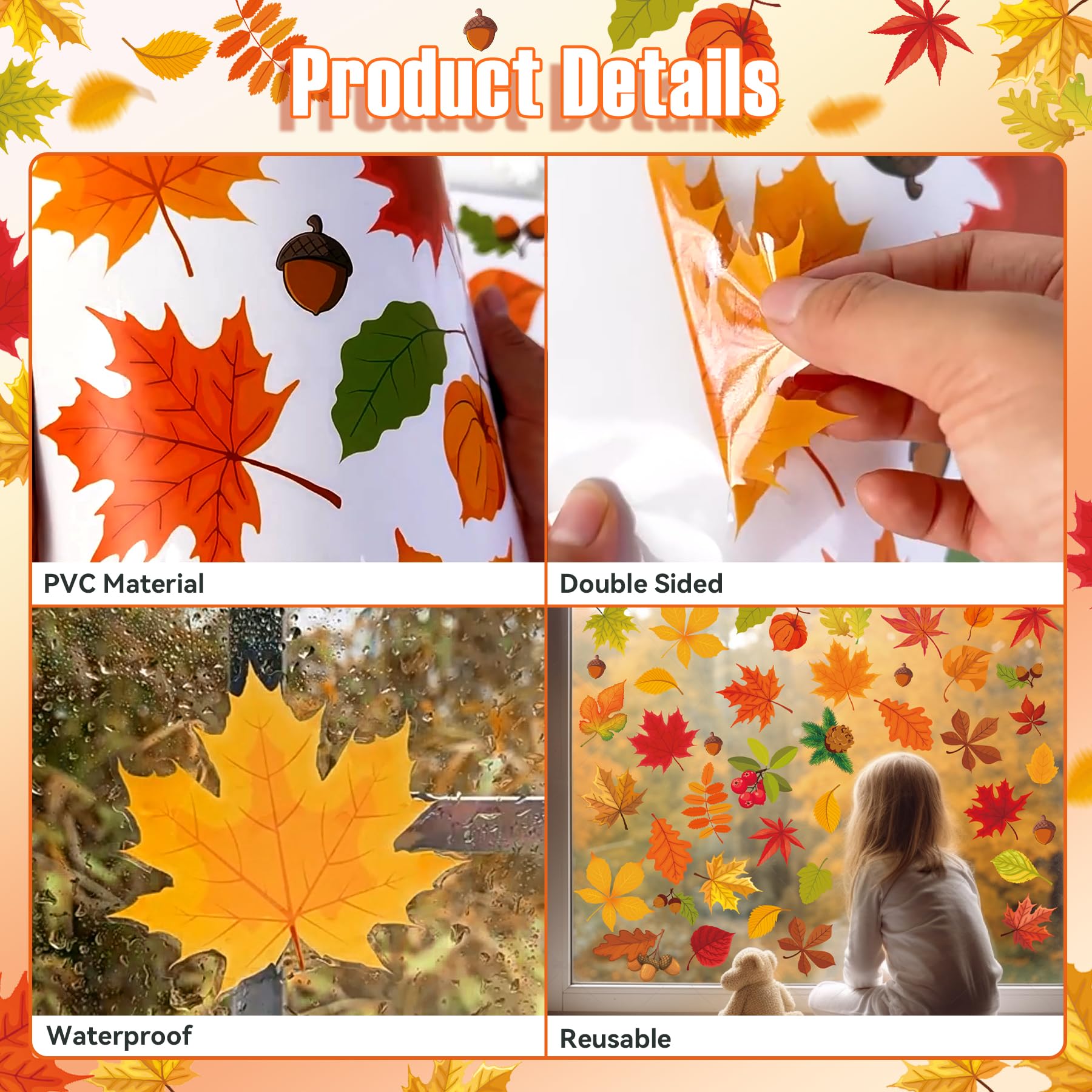 Fall Window Clings - 6 Sheets Autumn Maple Leaf Window Clings for Glass Windows Thanksgiving Windows Decals Stickers for Home Of