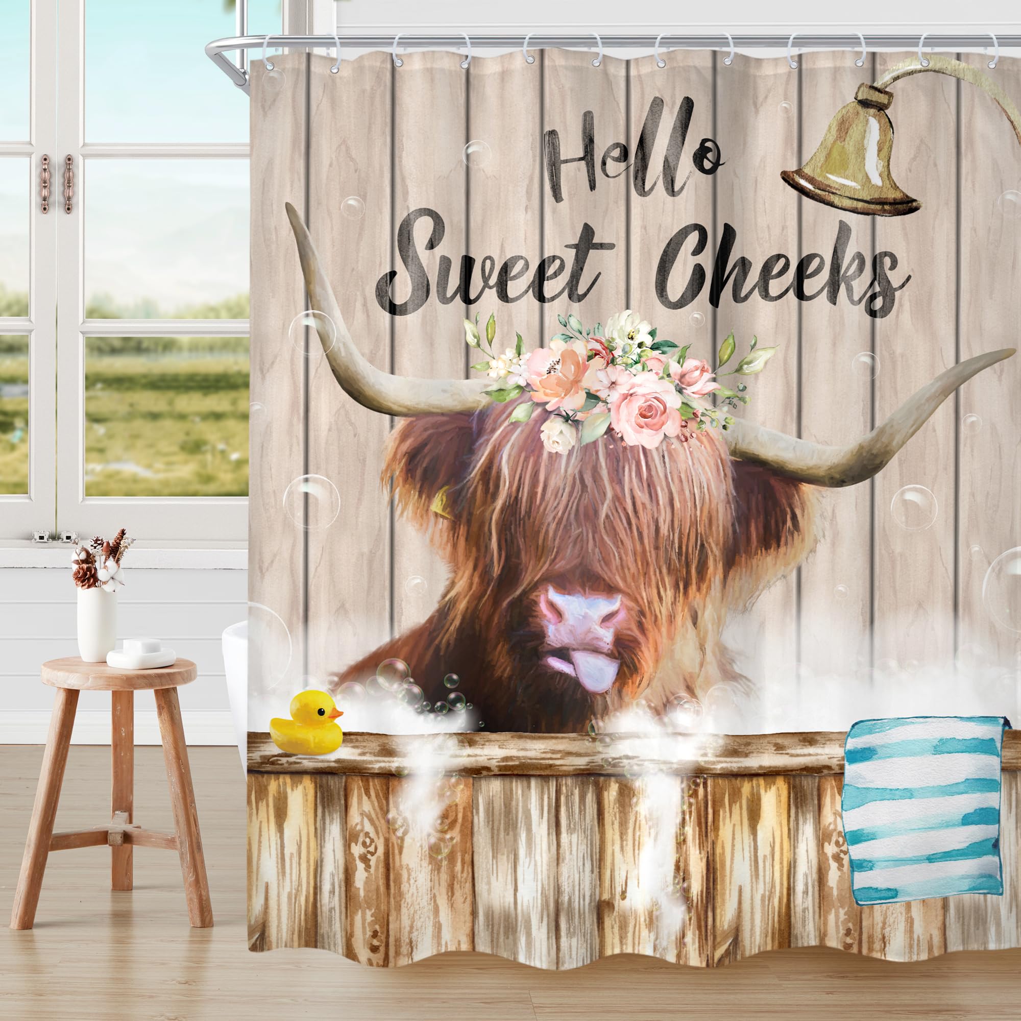 Cinbloo Farmhouse Highland Cow Shower Curtain Country Funny Western Cattle Bull Bathroom Curtain Cute Farm Animal Flower Bath Cu