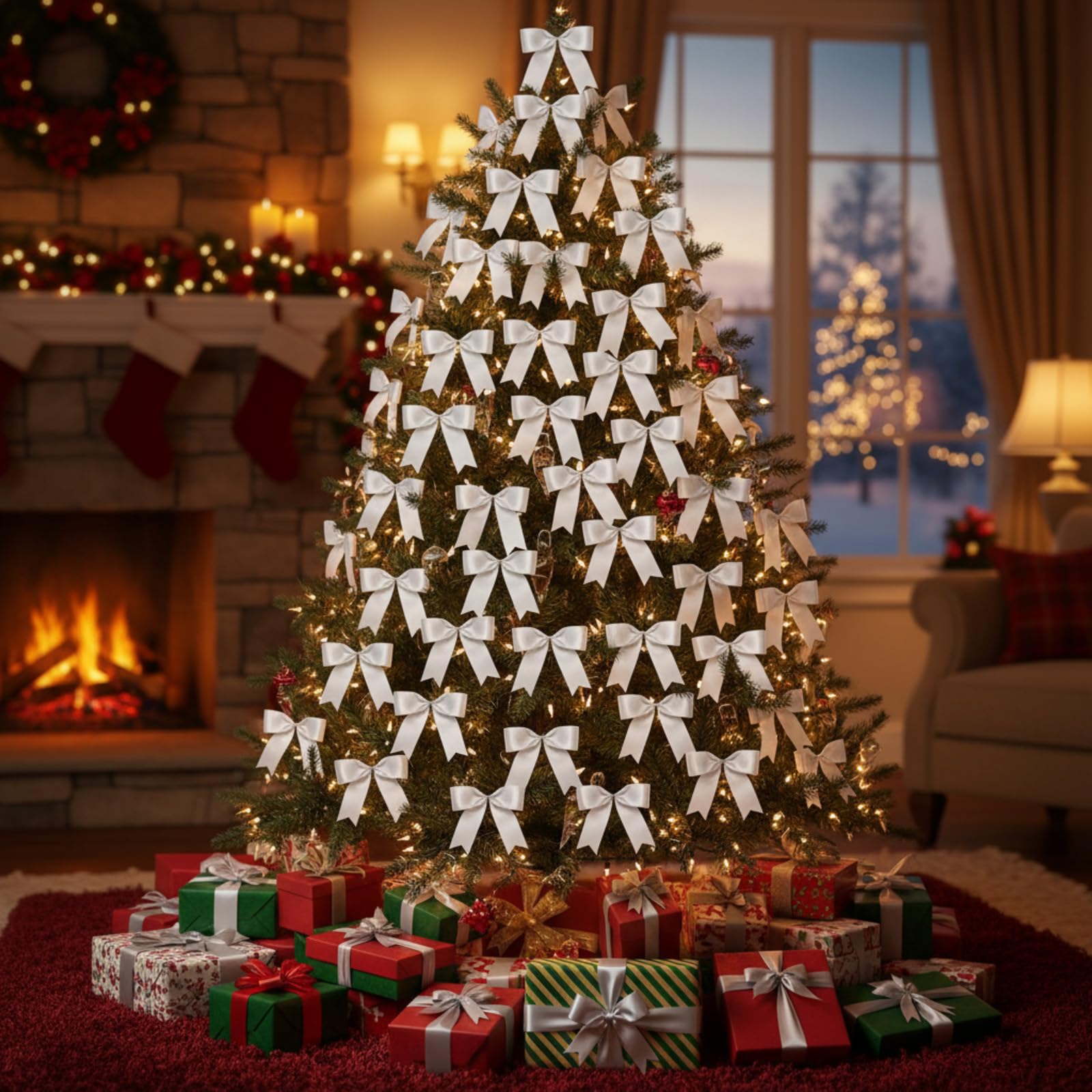 Sumind 48 Pieces Christmas Bow Mini Sliver Ribbon Bow Tie 3 Wreath Ornaments for Christmas Tree Xmas Decoration