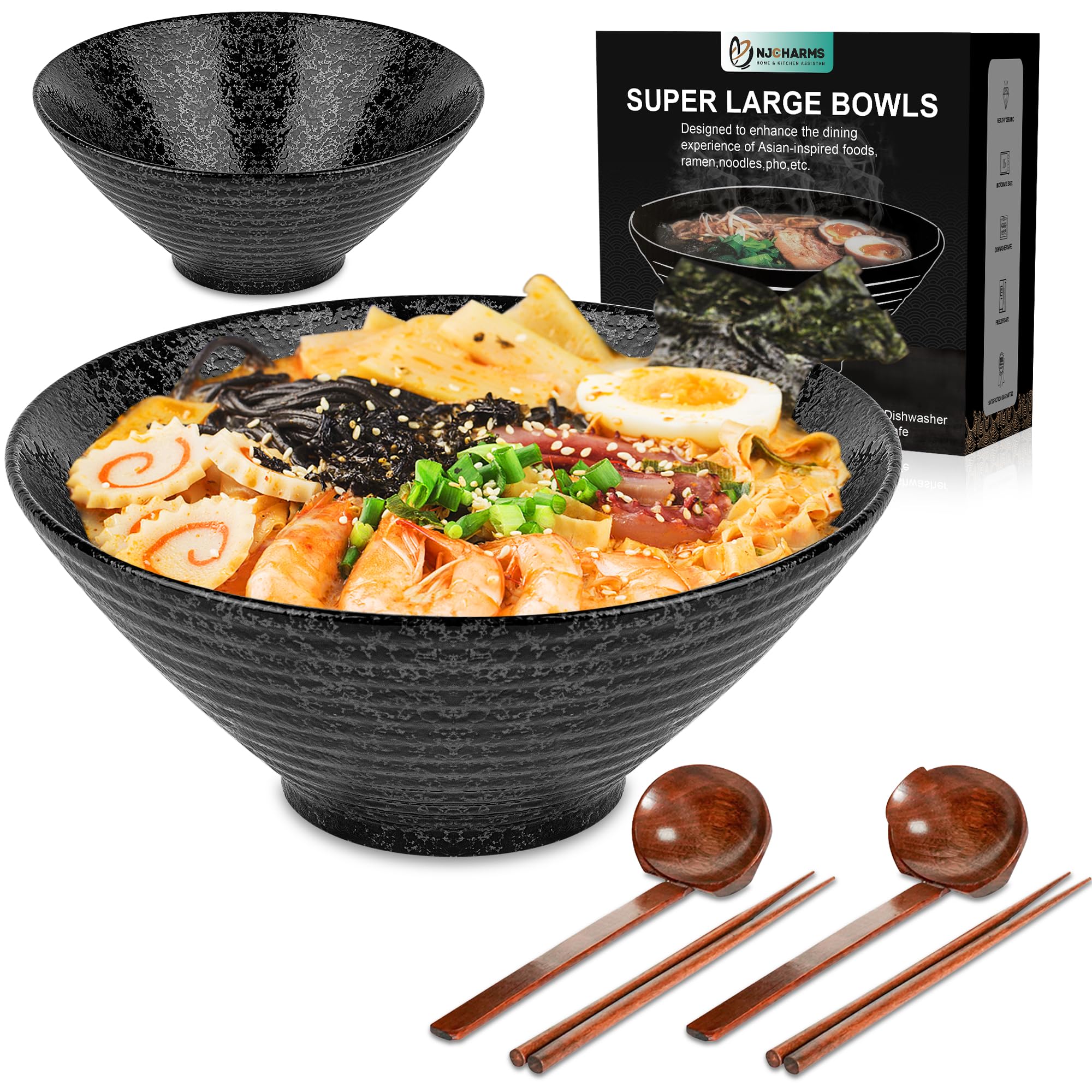 Njcharms Ceramic Ramen Bowl Set Of 2, 60 Oz Japanese Noodle Soup Bowls With Spoons And Chopsticks For Ramen Soup Pho Udon Asian