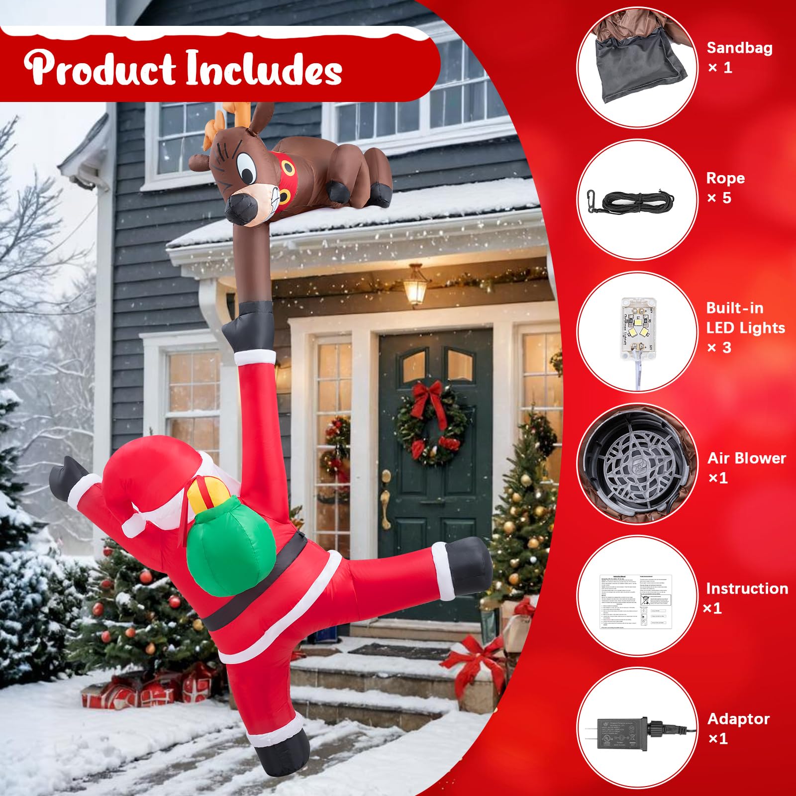 NatNarr 10 FT Inflatable Elk & Climbing Santa Yard Decor with LEDs, Multicolor, Model A1123K-11-V1