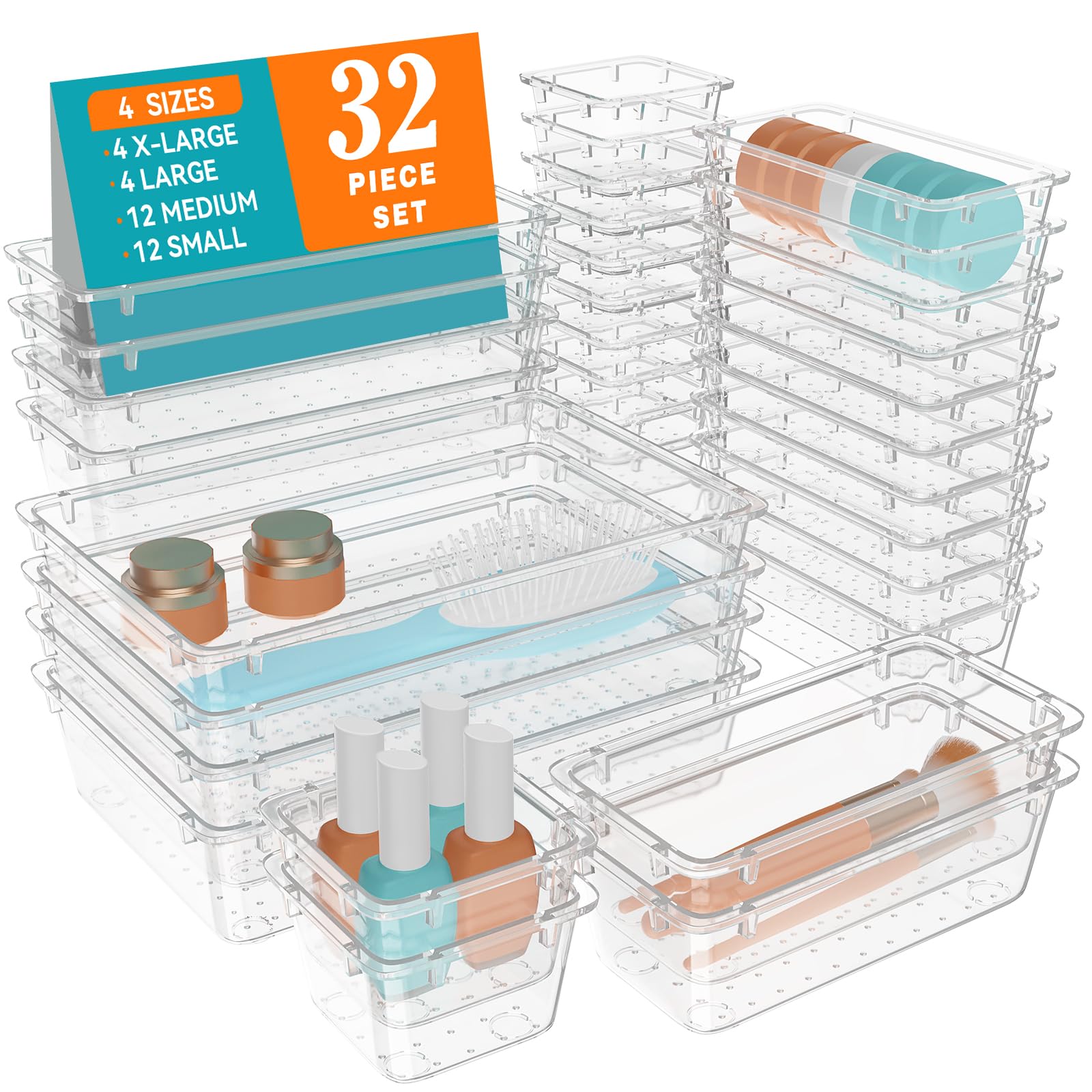 WOWBOX 32 PCS Clear Plastic Drawer Organizer Set, 4 Sizes Desk Drawer Organization and Storage Containers for Makeup, Cosmetics,