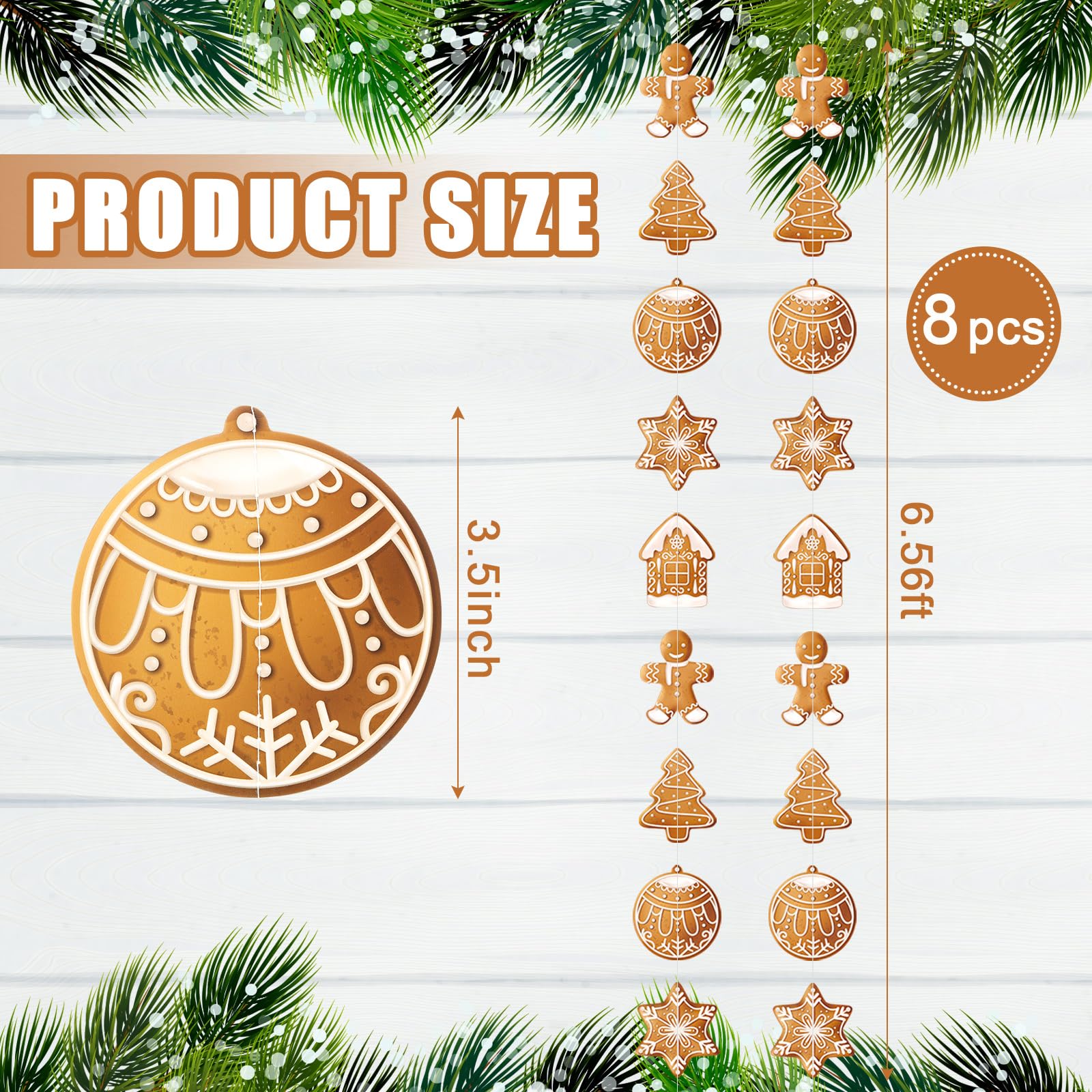 TaoBary 8 Pack Christmas Gingerbread Theme Garland 6.56 ft Cute Snowflake House Hanging Decorations Christmas Tree Ornaments Pre