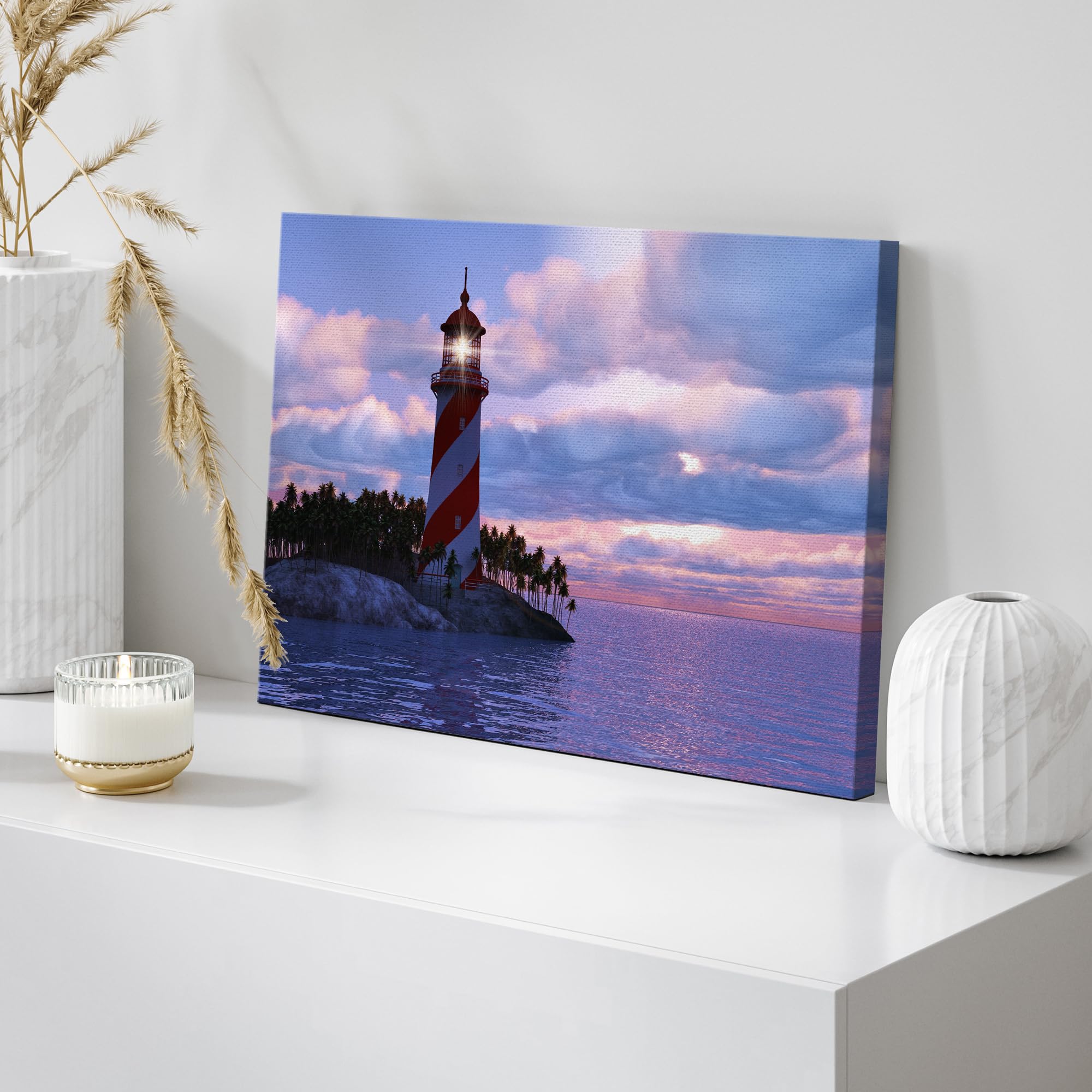 Wall26 Canvas Print Wall Art Dramatic Purple Sky Over Striped Island Lighthouse Nature Wilderness Photography Modern Art Rustic