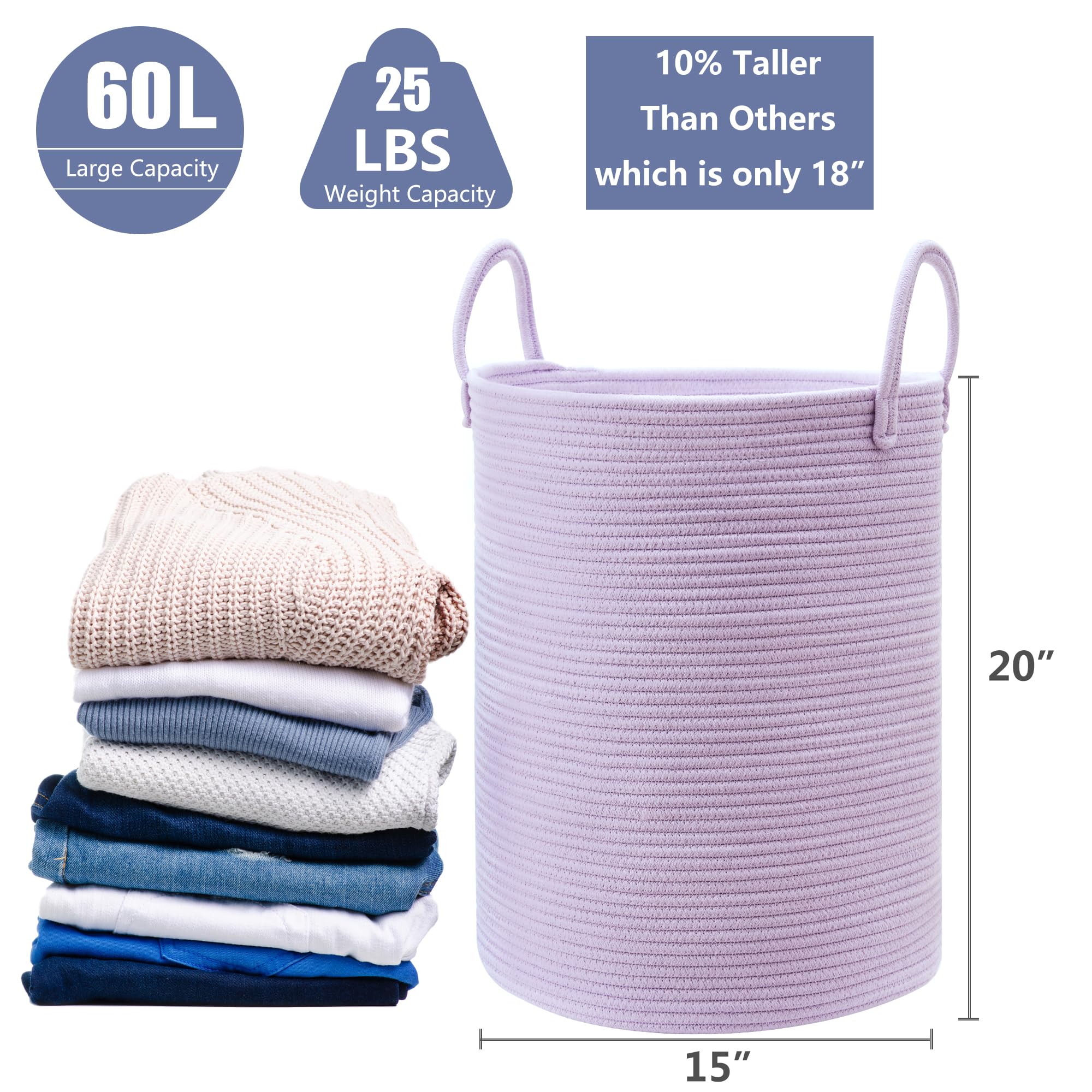 Mojoscend 60L Large Purple Laundry Basket Hamper For Clothes Storage Basket For Bedroom Living Room, 15Dx20H Inches Purple Room