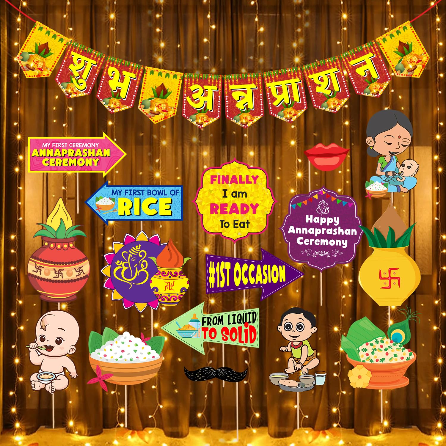 Zyozique  Annaprasanam Bunting Banner Hindi Font with Photo Booth Props and Rice Light | Rice Ceremony Decorations Items/Rice Ce