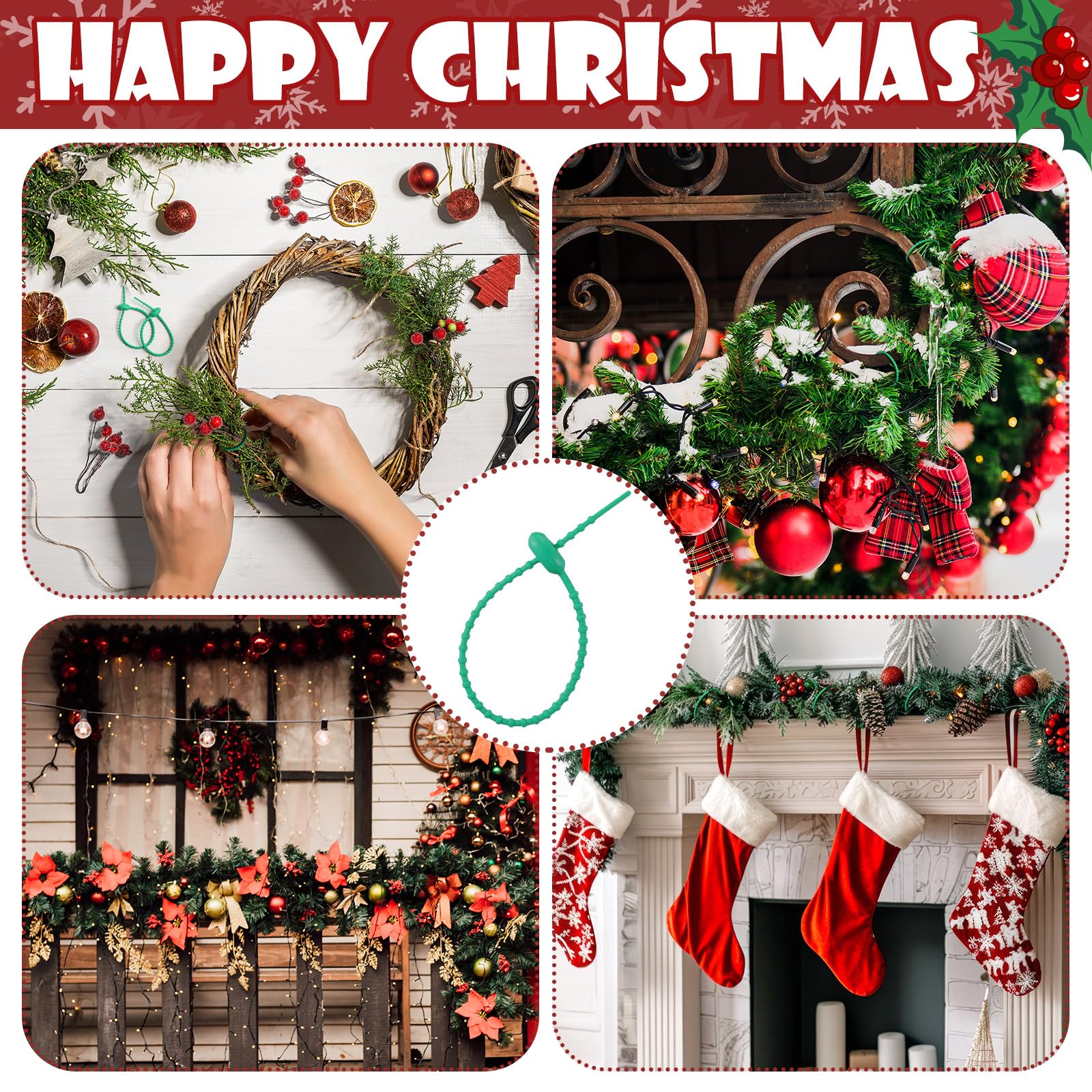 Roowest 100 Pcs Christmas Garland Ties 9 Green Flexible Adjustable Decorative Silicone Soft Banister Ties Reusable Garland Str