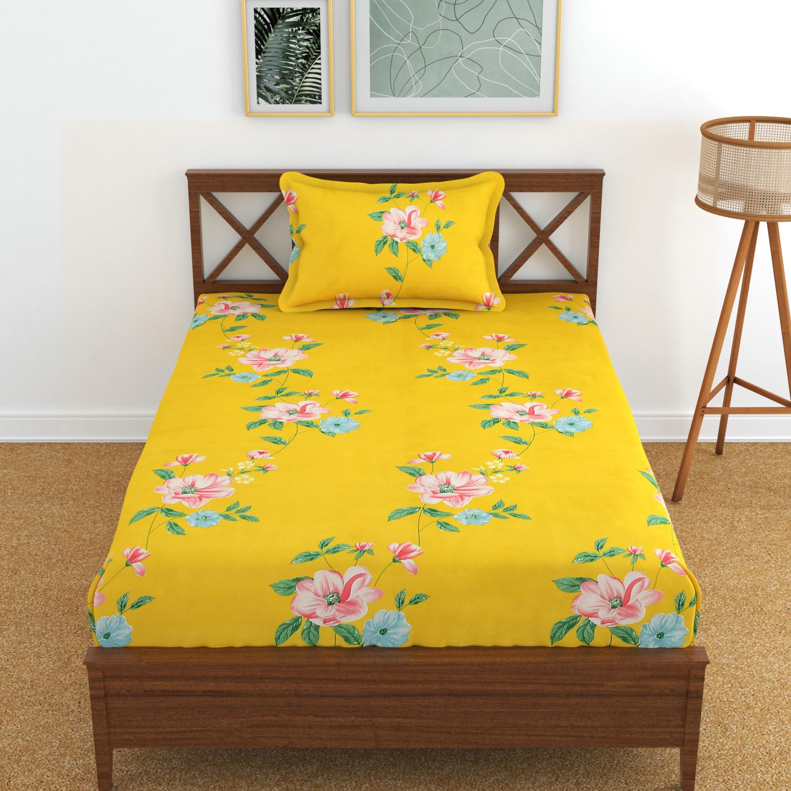Kawi Single Bedsheet Elastic Fitted 72X48X6 Inches Glace Cotton With 1 Pillow Cover (72X 48Xup To 8 Inche Mattress) Yellow Flora