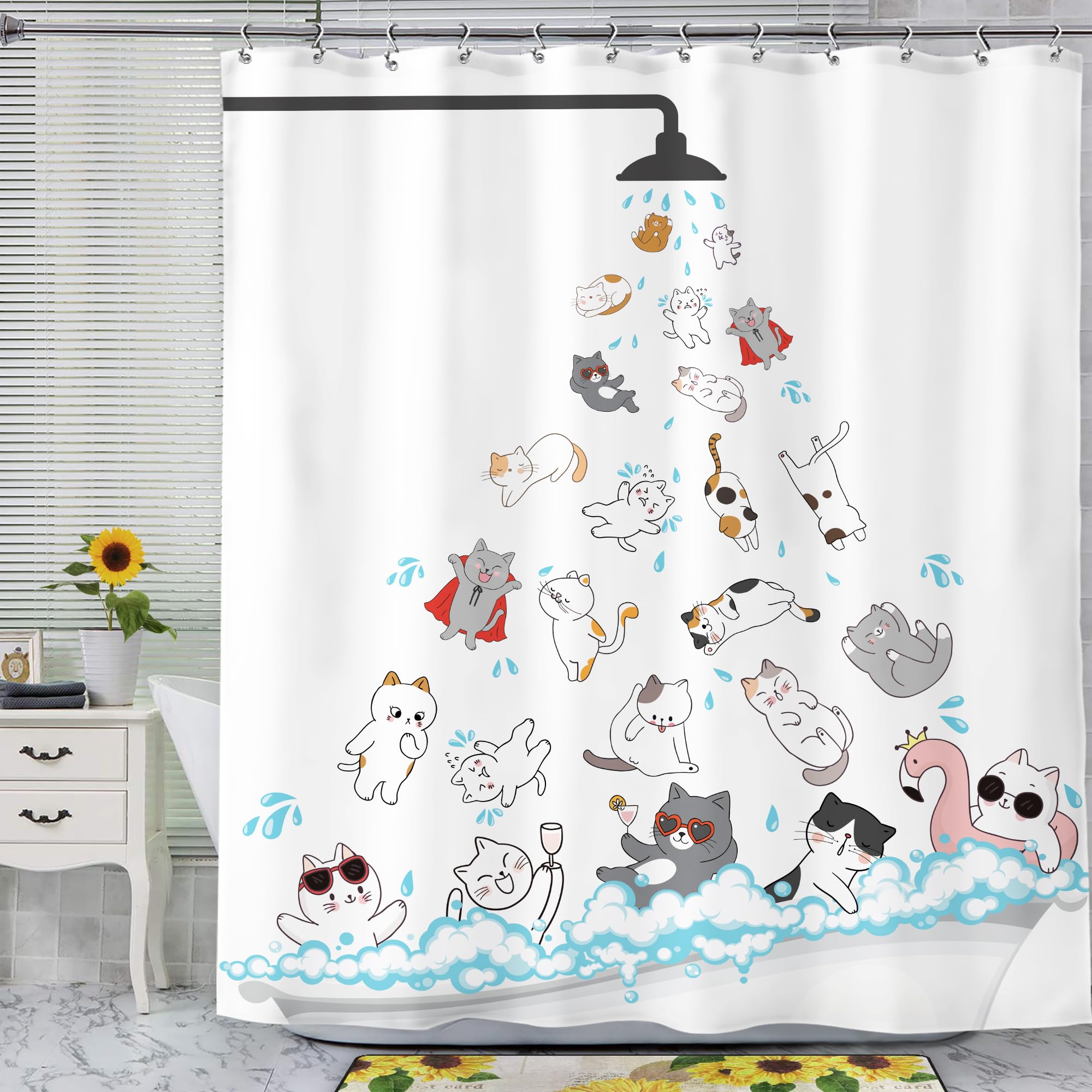 SVBright Cute Cat Shower Curtain 60Wx72L Inch Kids Funny Cartoon Raining Kitty Animal Hilarious Pets Playing Water Kawaii Boys Girl 12 Pack Hooks Polyester Waterproof Fabric Bathroom Bathtub Panels