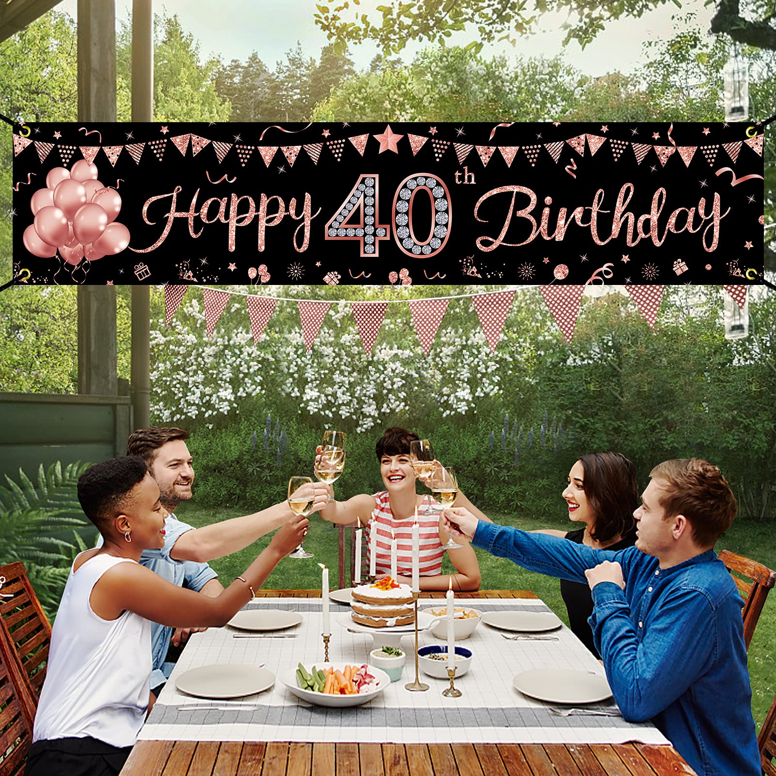 40Th Birthday Banner Decorations For Women, Rose Gold Happy 40 Year Old Birthday Sign Party Supplies, Forty Bday Party Decor Pho