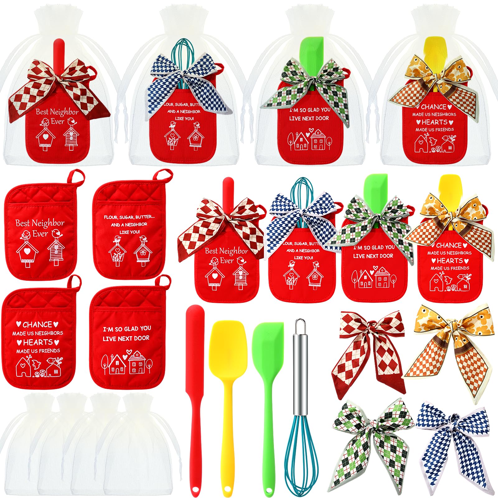Reallnaive 16 Pcs Best Neighbors Gifts Christmas Pot Holders With Pocket Silicone Spatula Set Whisk Head Scarf Farewell Thank Yo