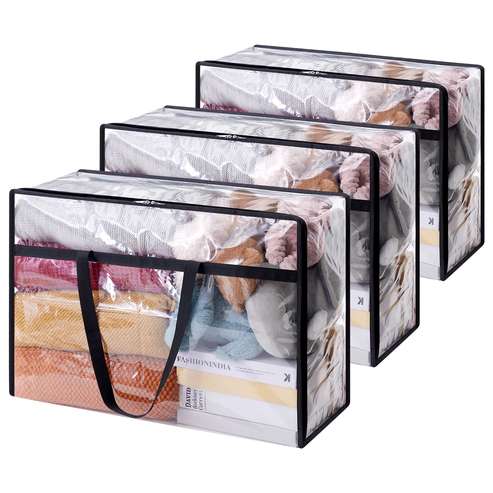 Lifewit 3 Pack Clear Clothes Storage Bags, 60L Plastic Blanket Storage Bags, Vinyl Foldable Moving Bags with Zipper, Closet Orga