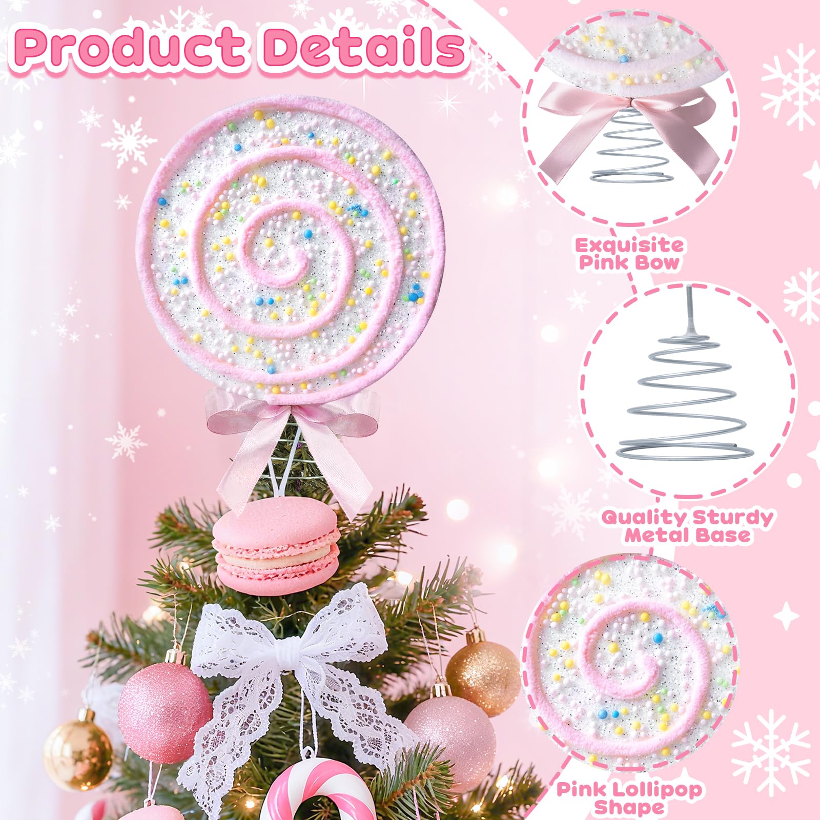 APUDWN Christmas Tree Topper Pastel Lollipop Christmas Tree Topper with Pink Bow 7.87 inch Sparkling Candy Cane Treetop Decorati