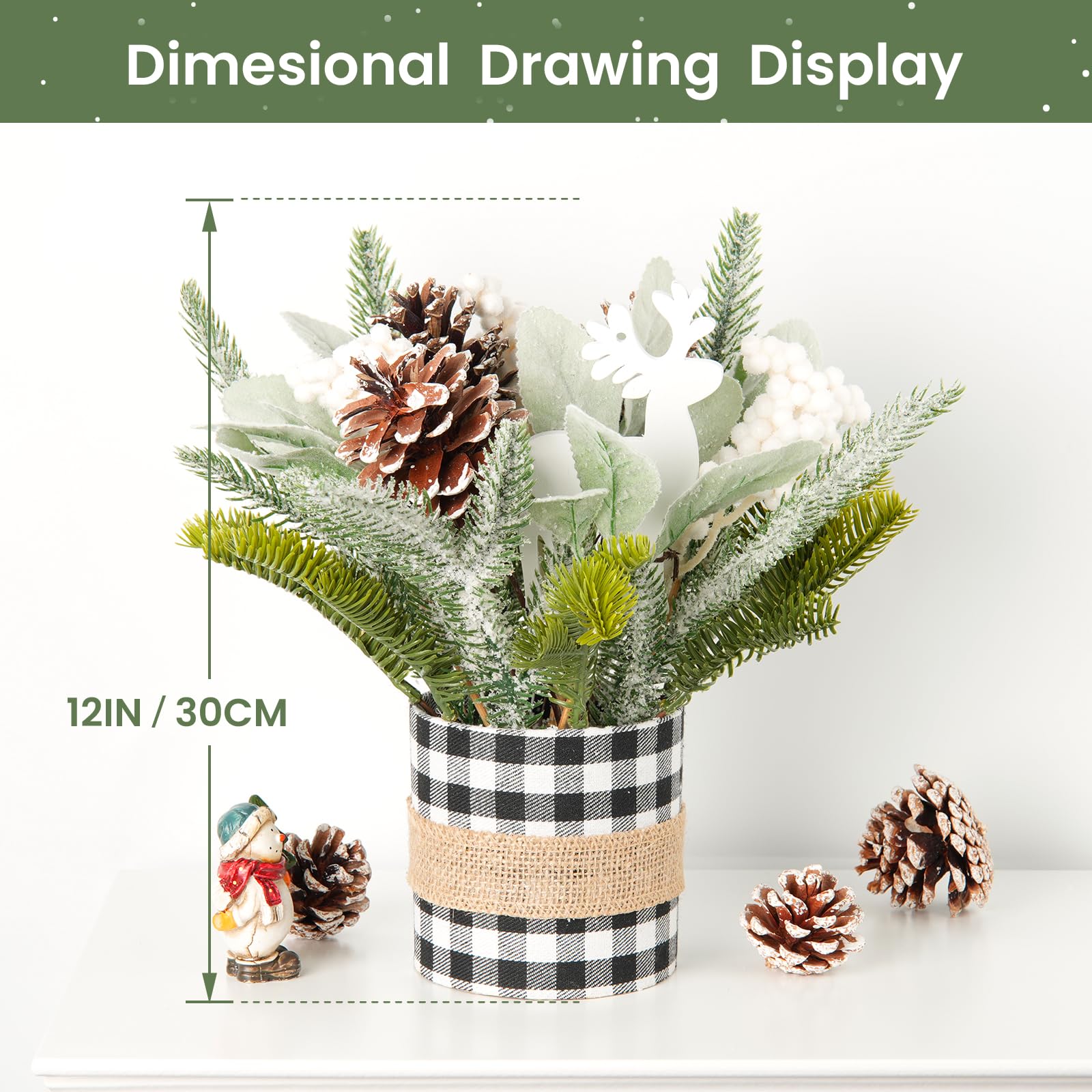 Small Table Top Christmas Tree with Lights, Mini Christmas Tree Decorations with Merry Christmas Reindeer Apple Berries Ornament