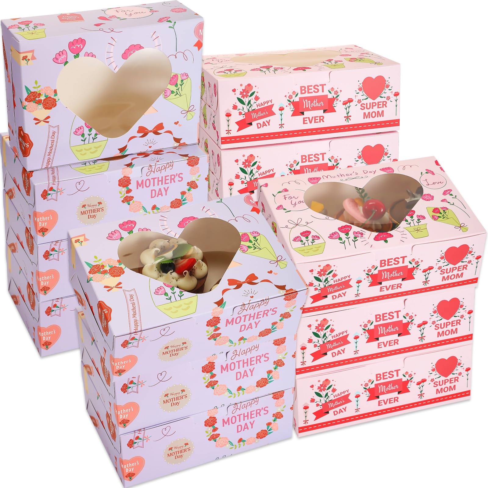 Nezyo 48 Pack Mothers Day Cookie Boxes with Window 8.3 x 6 x 3 Inch Best Mother Ever Bakery Box for Cupcakes, Candy, Muffins, D