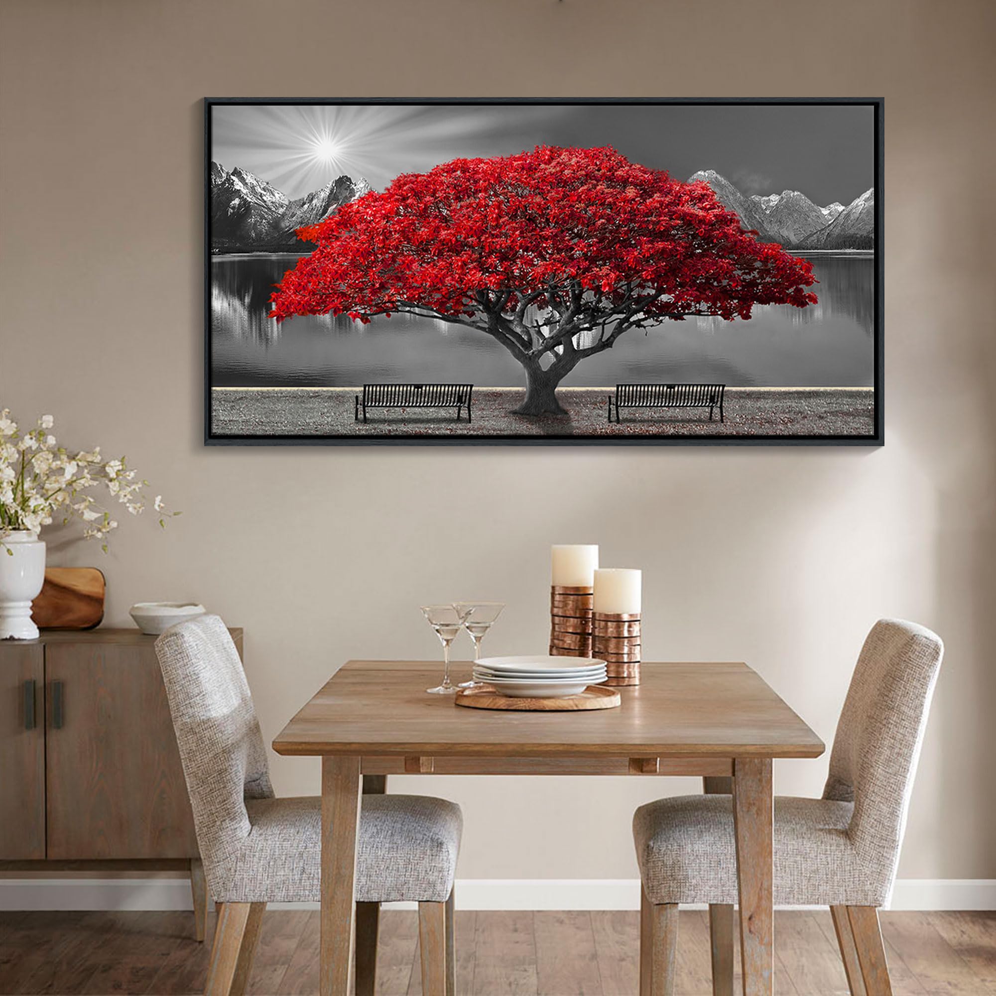 Framed Black And White Red Tree Wall Art Canvas Print Picture Large Red Tree Landscape Modern Artwork For Living Room Bedroom Of