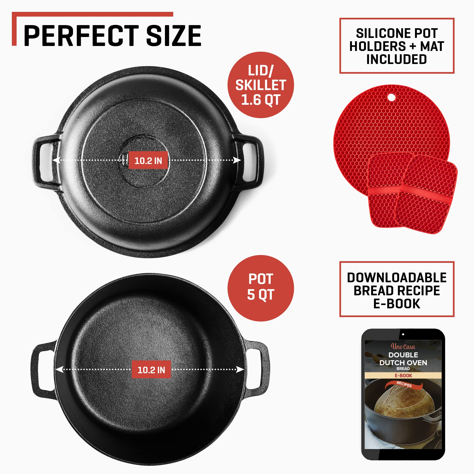 Uno Casa 2-In-1 Cast Iron Dutch Oven Large - 5 Quart Dutch Oven Pot With Lid, Pre-Seasoned Cooking Dish For Bread Baking And Ste