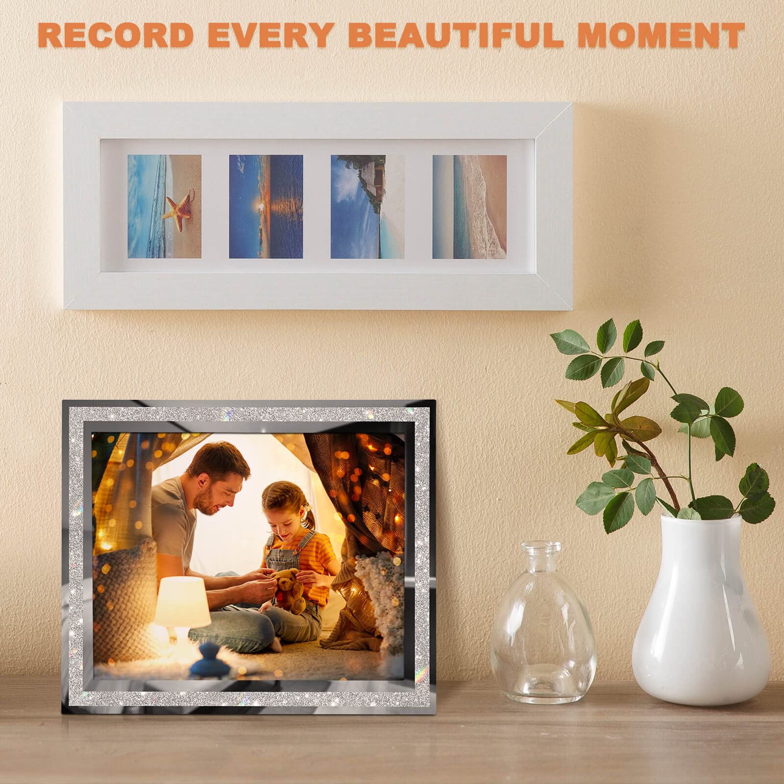 IZIDDO 8x10 Picture Frames Set of 4, Glitter Photo Frame for Tabletop, Sliver Gifts Glass Picture Frame, Horizontally or Vertica