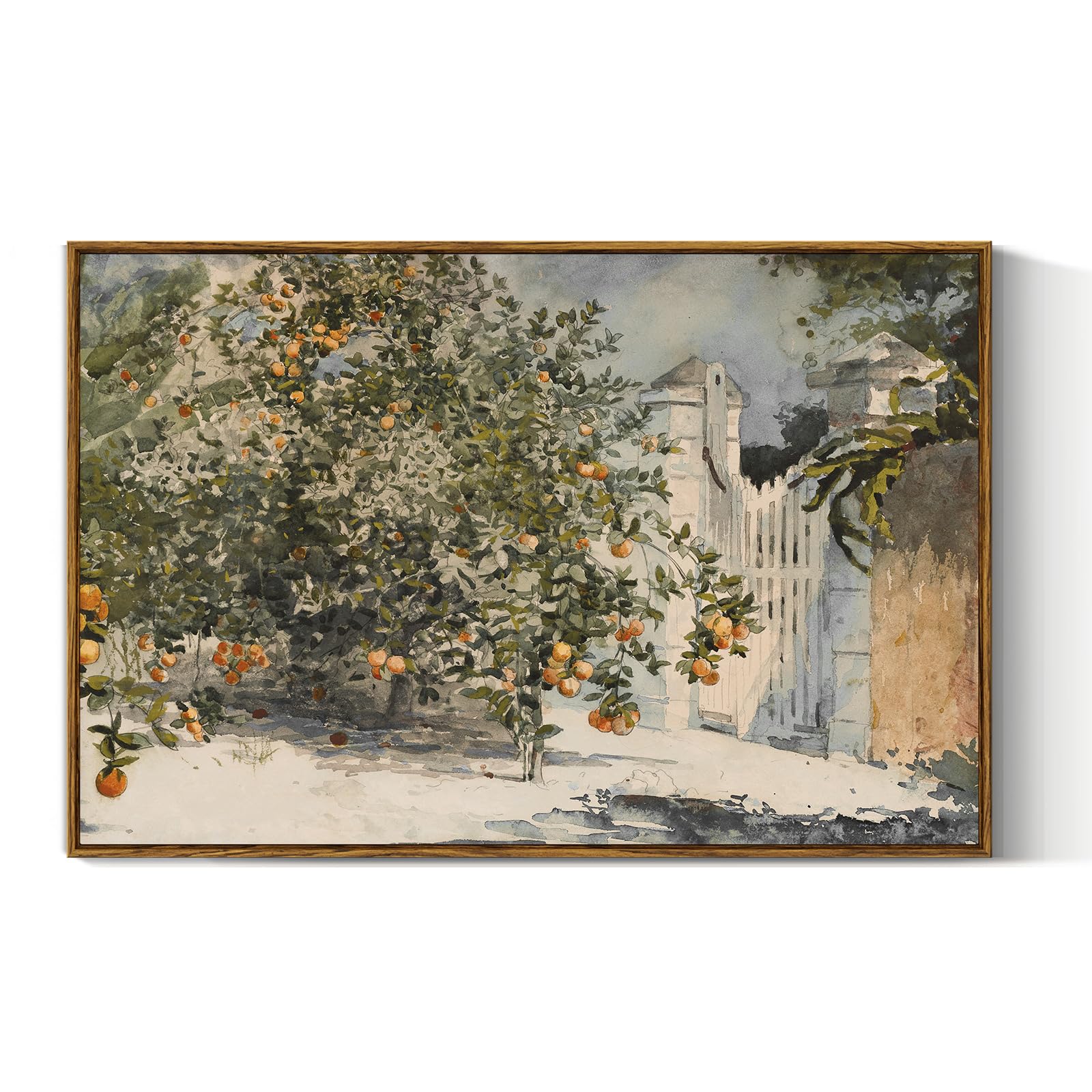 Viyyiea Vintage Plant Large Framed Wall Art, Orange Trees And Gate Painting Decor Aesthetic, 24X36 Inch Canvas Print Artwork, Fa