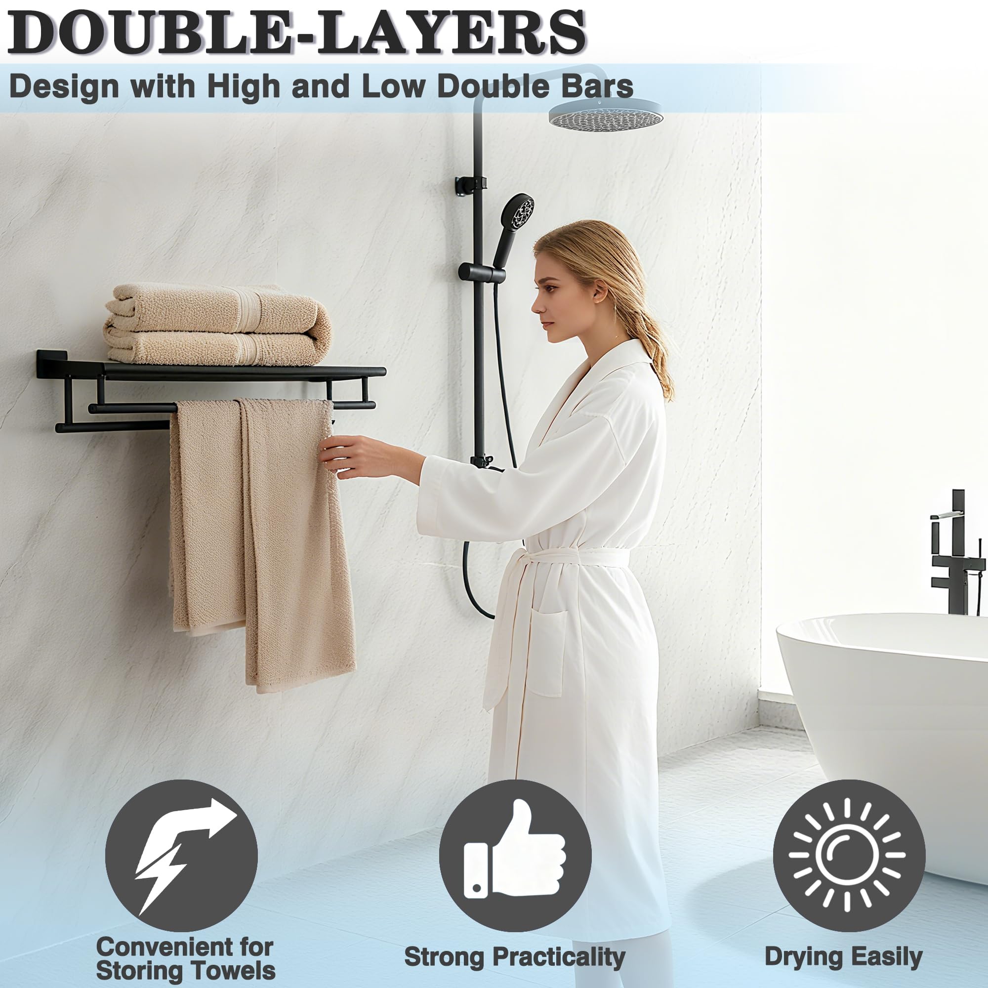Alise Towel Rack Towel Holder Towel Shelf with Double Towel Bars for Bathroom Lavatory 28-Inch SUS 304 Stainless Steel Wall Mount Towel Hanger Matte Black