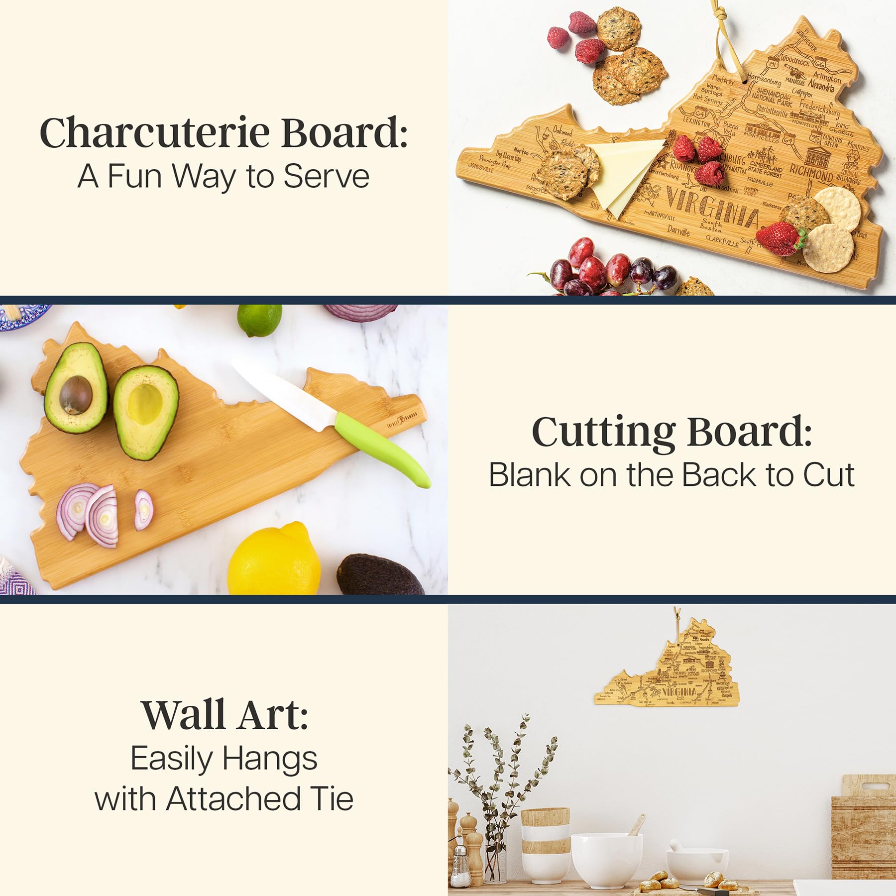 Totally Bamboo Destination Virginia State Shaped Cutting Board, Charcuterie and Cheese Serving Board - Virginia Gift for Home D