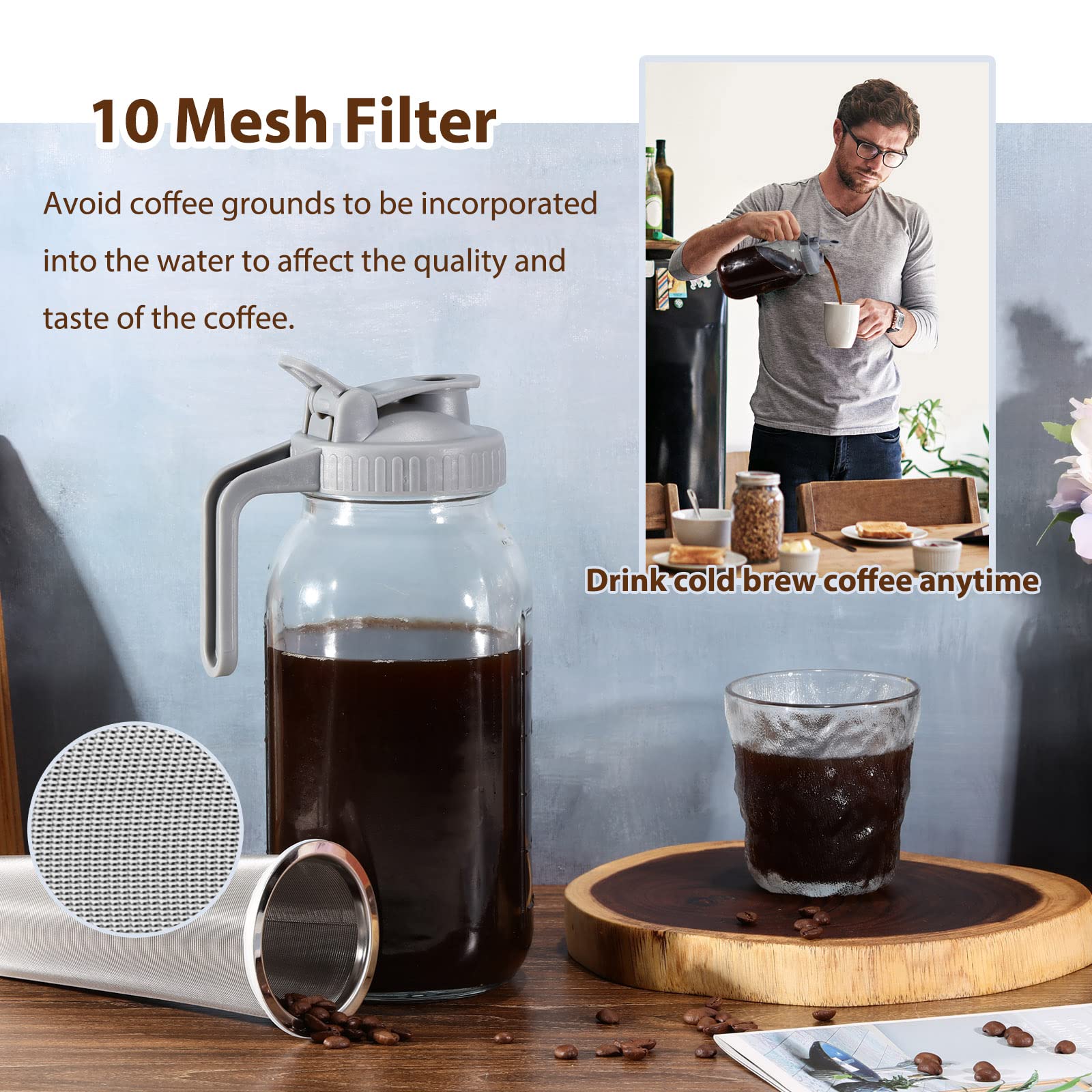Cold Brew Coffee Maker Glass Pitcher, 32 Oz Mason Jar With Pour Spout Handle Lid With Stainless Steel Filter For Iced Coffee, Le