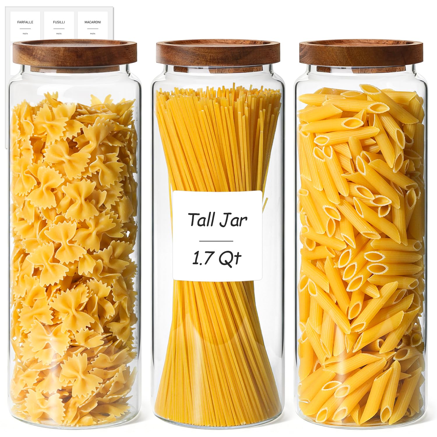 ComSaf Glass Pasta Storage Containers with Acacia Wood Lids 1.7Qt 3Pack