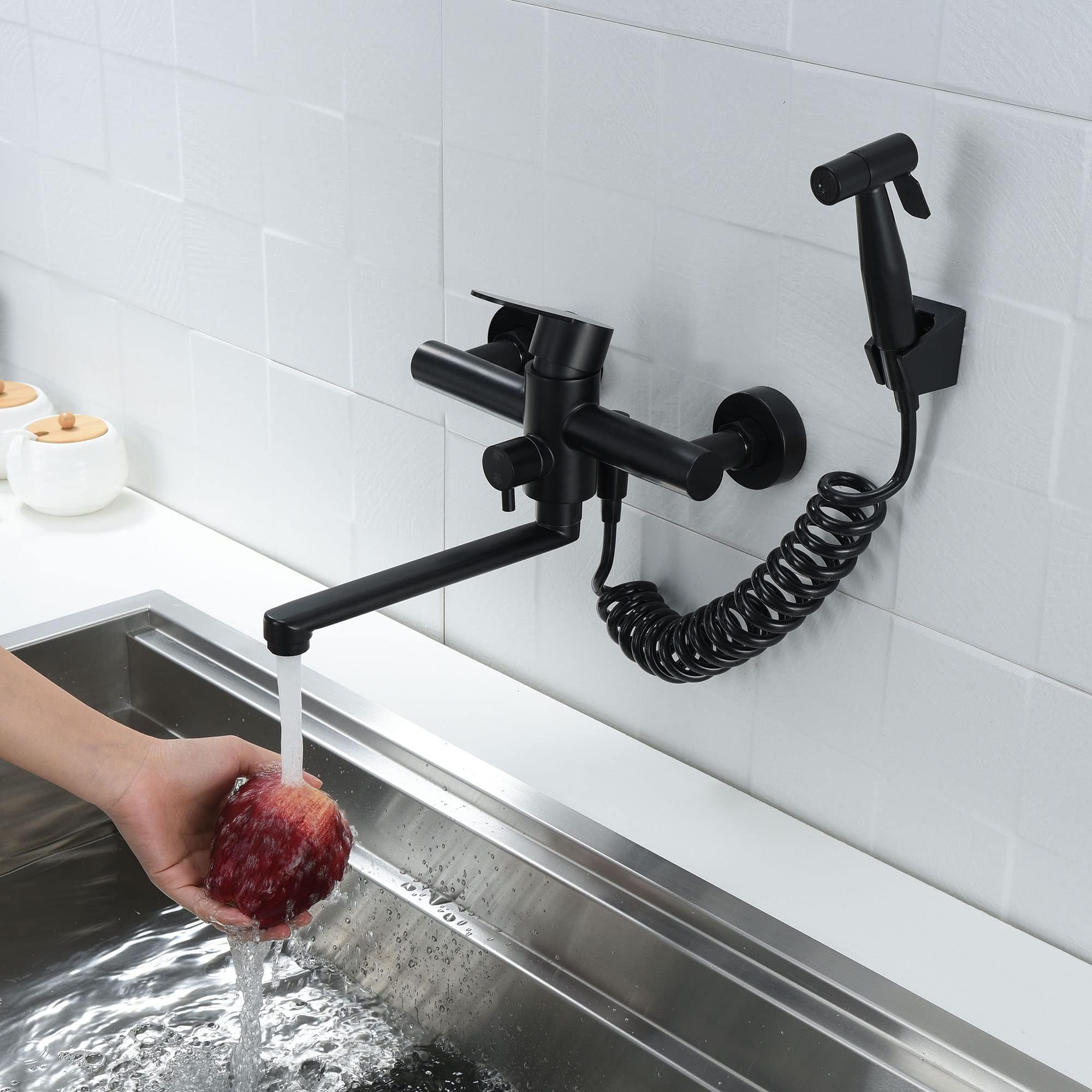 Kitchen Sink Faucet Wall Mount, Matte Black Commercial Faucet With Side Sprayer, Stainless Steel Mixer Tap, Unility Sink Faucet,