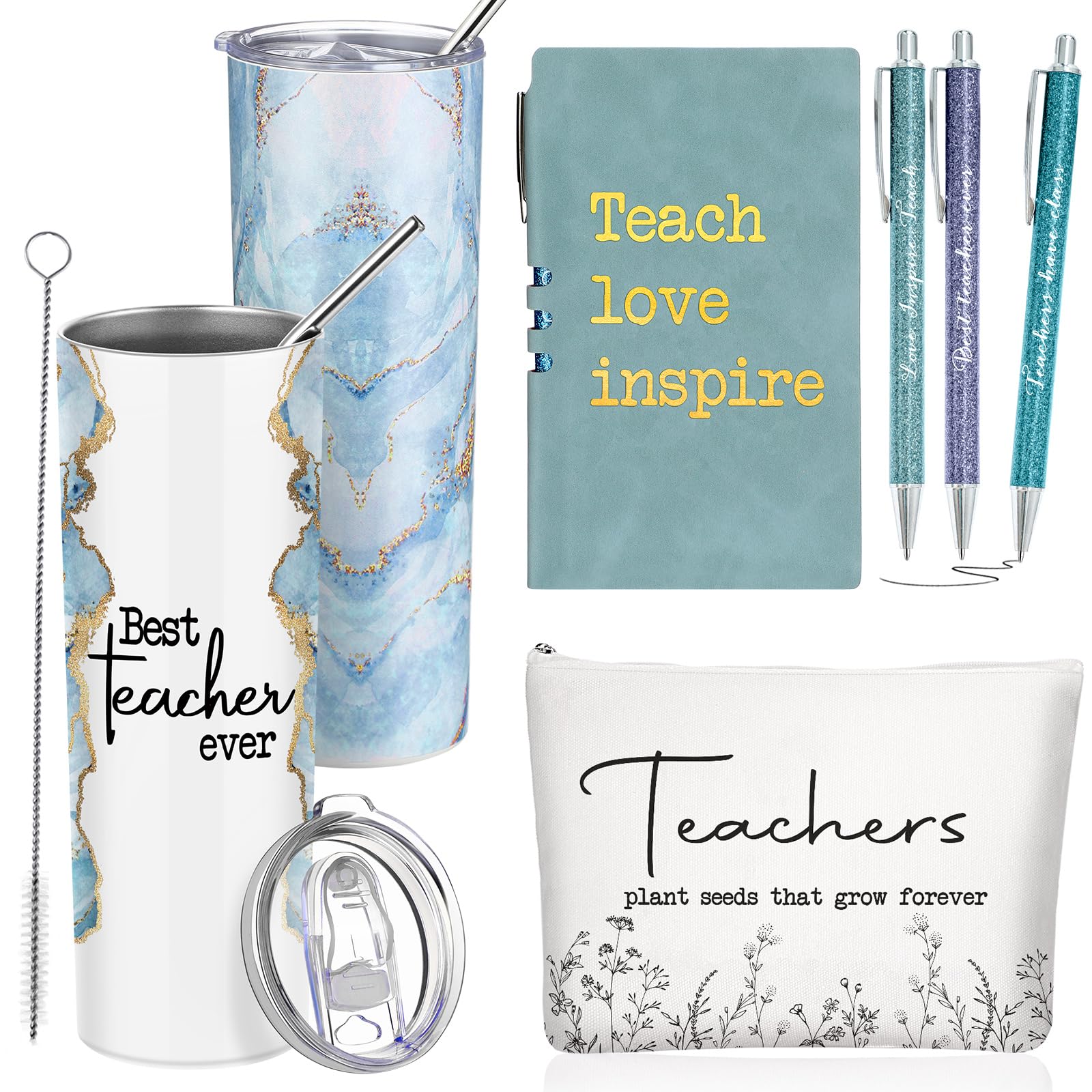 Domensi 6 Pcs Teacher Appreciation Gift Set for Women Staff 20 oz Marble Sign Tumbler Inspirational Ballpoint Pen Notebooks with