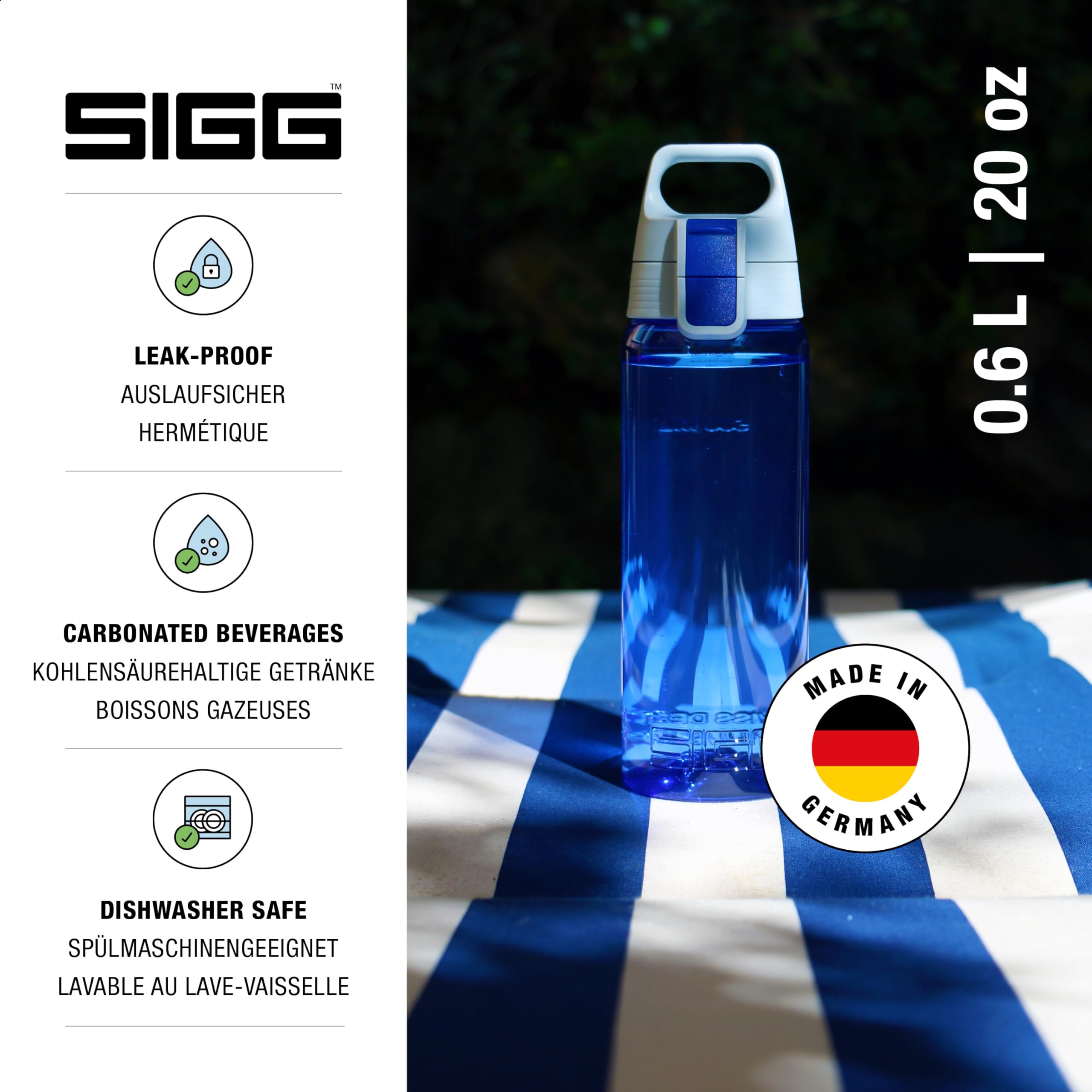 SIGG - Total Colour Blue Water Bottle - Pollutant- and BPA-Free Leak-Proof Bottle - Lightweight and Shatter-Proof Tritan Plastic Bottle - 20 Oz