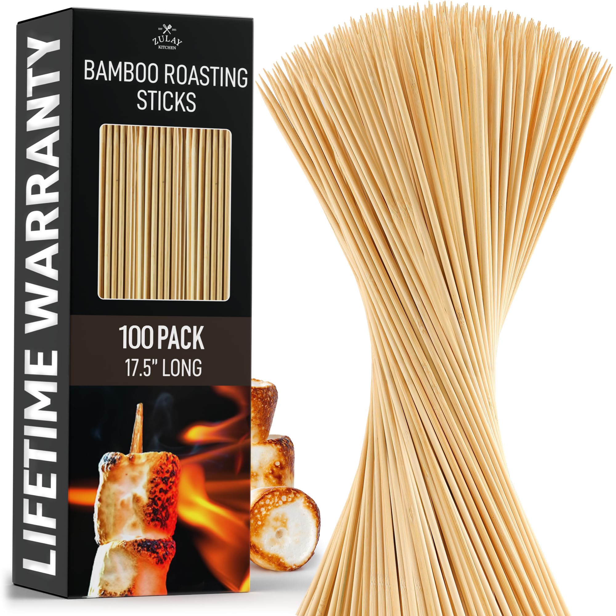 Zulay 100 Pack Bamboo Wooden Skewers - 17.5'' Marshmallow Roasting Sticks & Barbeque Skewers For Campfire - Authentic Bamboo Sti