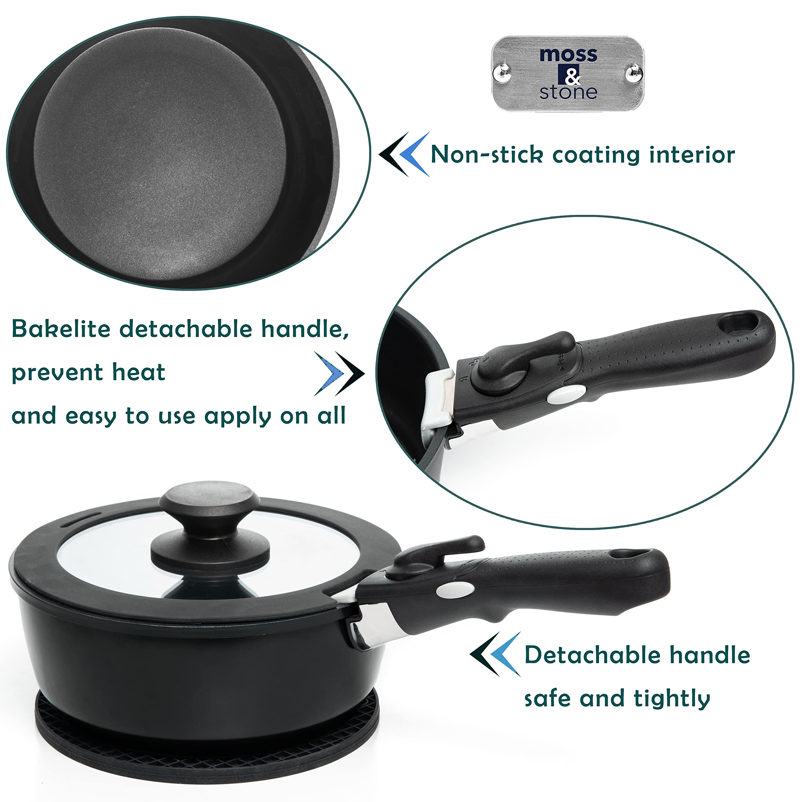 Moss & Stone Pots And Pans Set Nonstick, Removable Handle Cookware, Stackable Pots And Pans Set, Dishwasher safe, Induction Pots