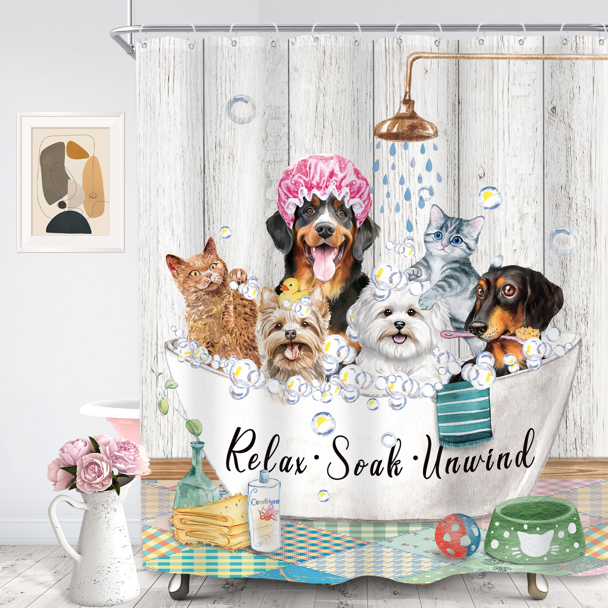 Svbright Funny Kids Shower Curtain 60Wx72L Inch Cute Dogs Cats Animal Taking A Bath In Bathtub Bubbles Farmhouse Hilarious Lovel