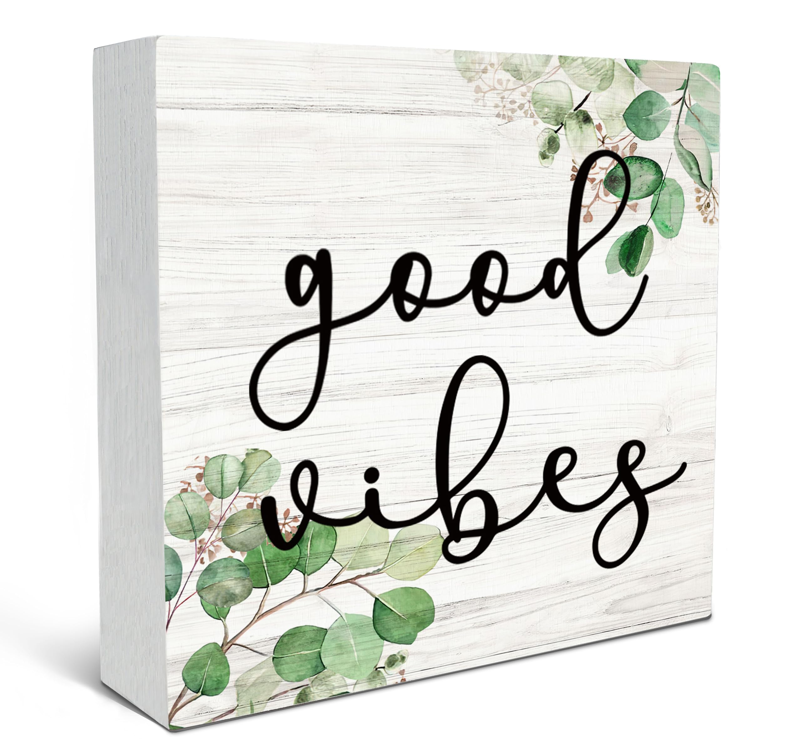 SRADMO Inspirational Botanical Eucalyptus Leaves Wood Box Sign Desk Decor, Rustic Green Eucalyptus Leaves Wooden Block Box Sign 