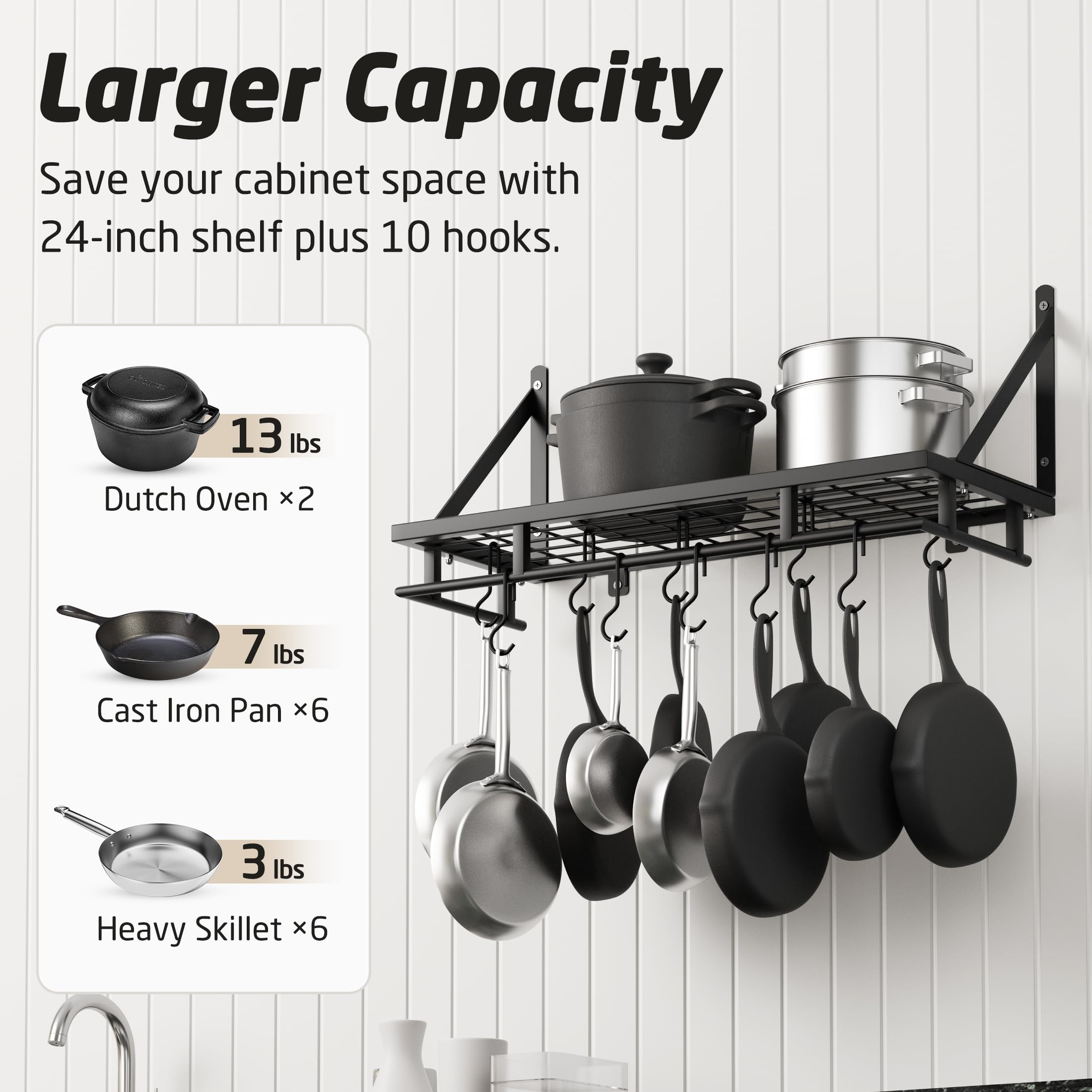Kes 24 Inch Kitchen Pot Pan Rack Wall Mounted Hanging Storage Organizer Wall Shelf With Hooks Matte Black, Kur215S60-Bk