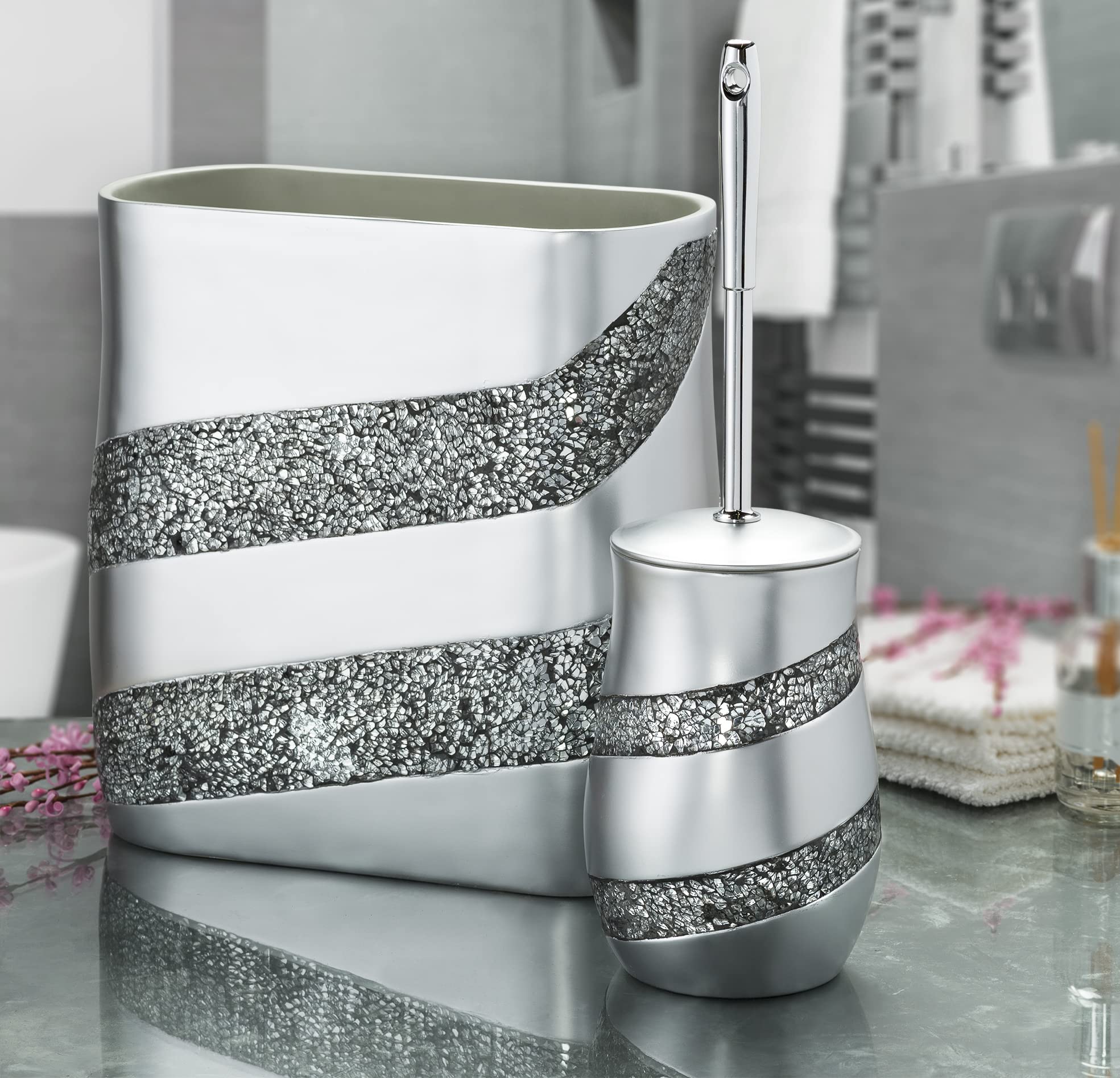Creative Scents Silver Mosaic Toilet Brush And Holder Set - Toilet Bowl Brush And Holder, Sturdy Toilet Cleaner Brush With Stain