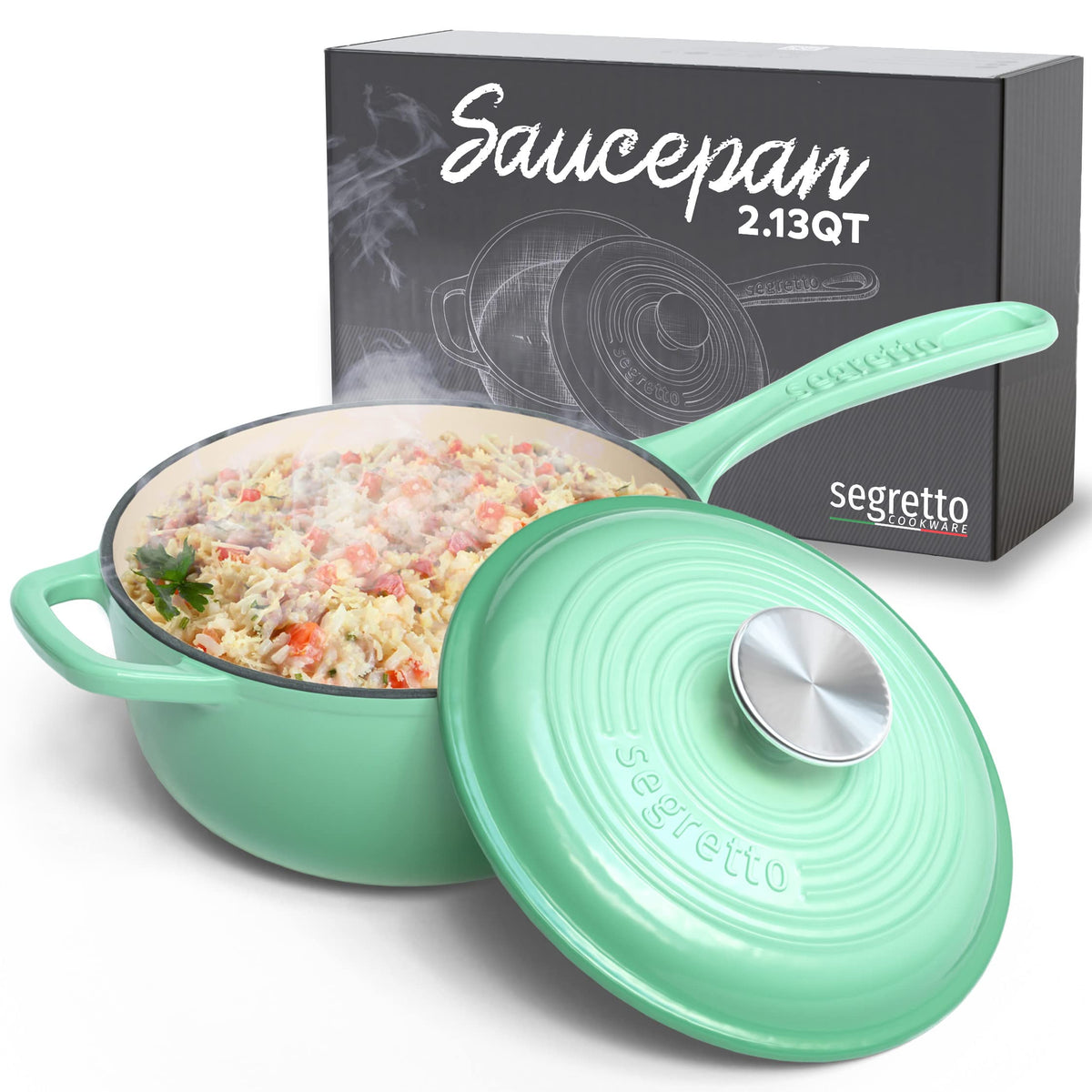 Small Sauce Pan With Lid, 2.13 Qt Verde Chiaro (Light Green) Sauce Pot, Small Pot With Stay Cool Helper Handle And Tight-Fitting