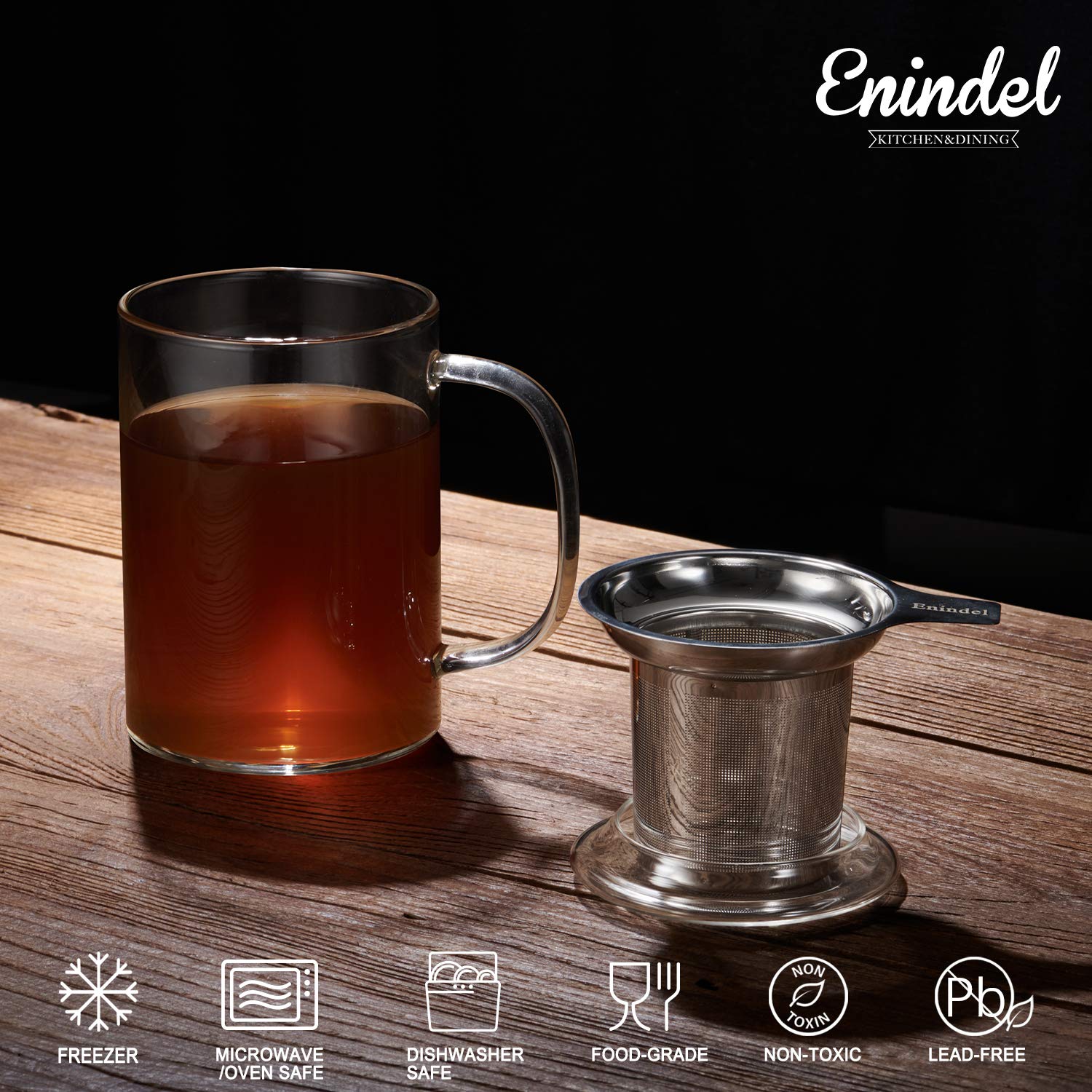 Enindel 3020.05 Glass Tea Mug with Infuser and Lid  Tea Cup  Clear  20 OZ  GM005