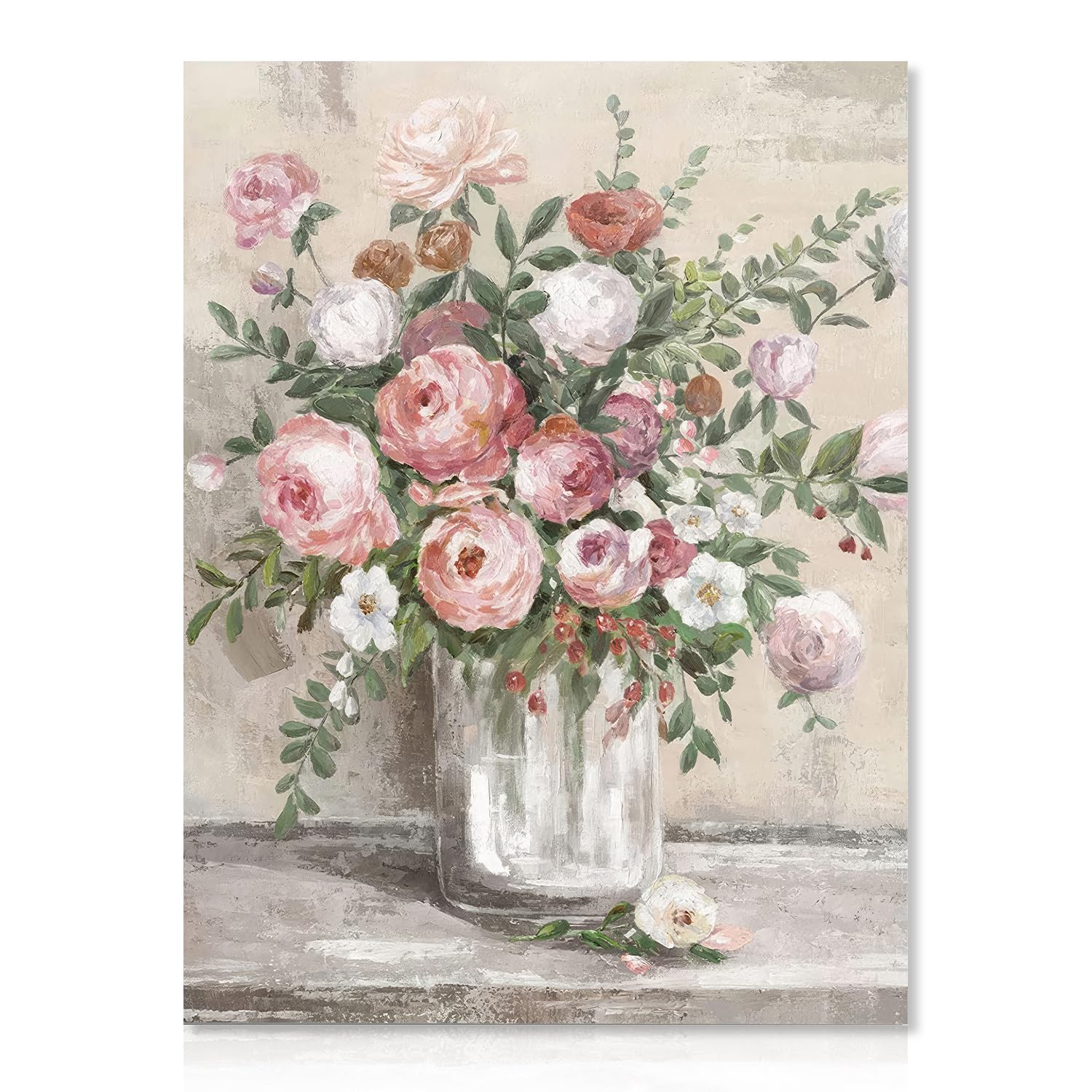 Dazzlewall Vintage Floral Canvas Wall Art Farmhouse Still Life Posters Rustic Pink And White Flower Vase Prints Botanical Oil Pa